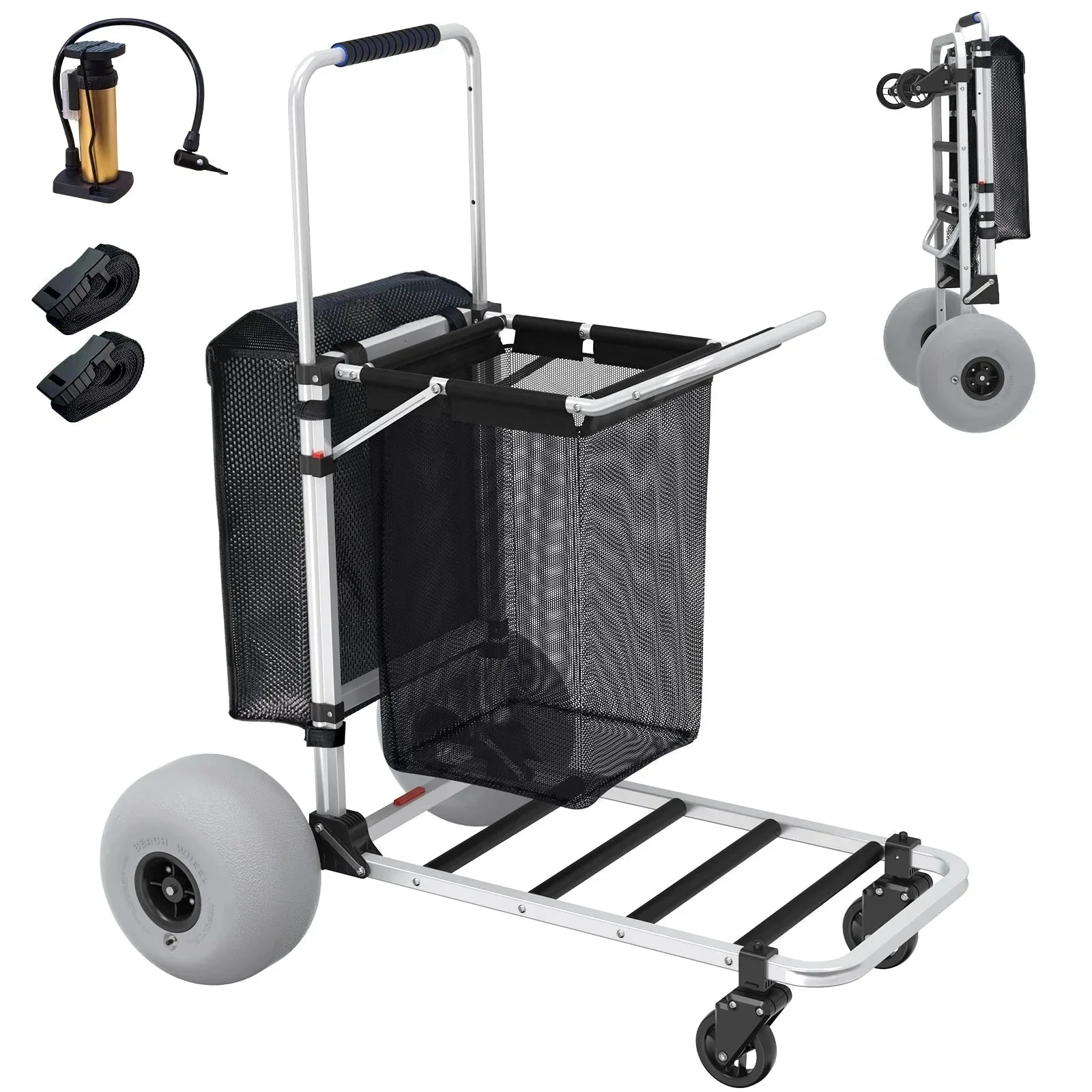GDLF Foldable Beach Cart with Adjustable Handle and 12" Balloon Wheels, Heavy Duty Aluminum 220LBS Capacity