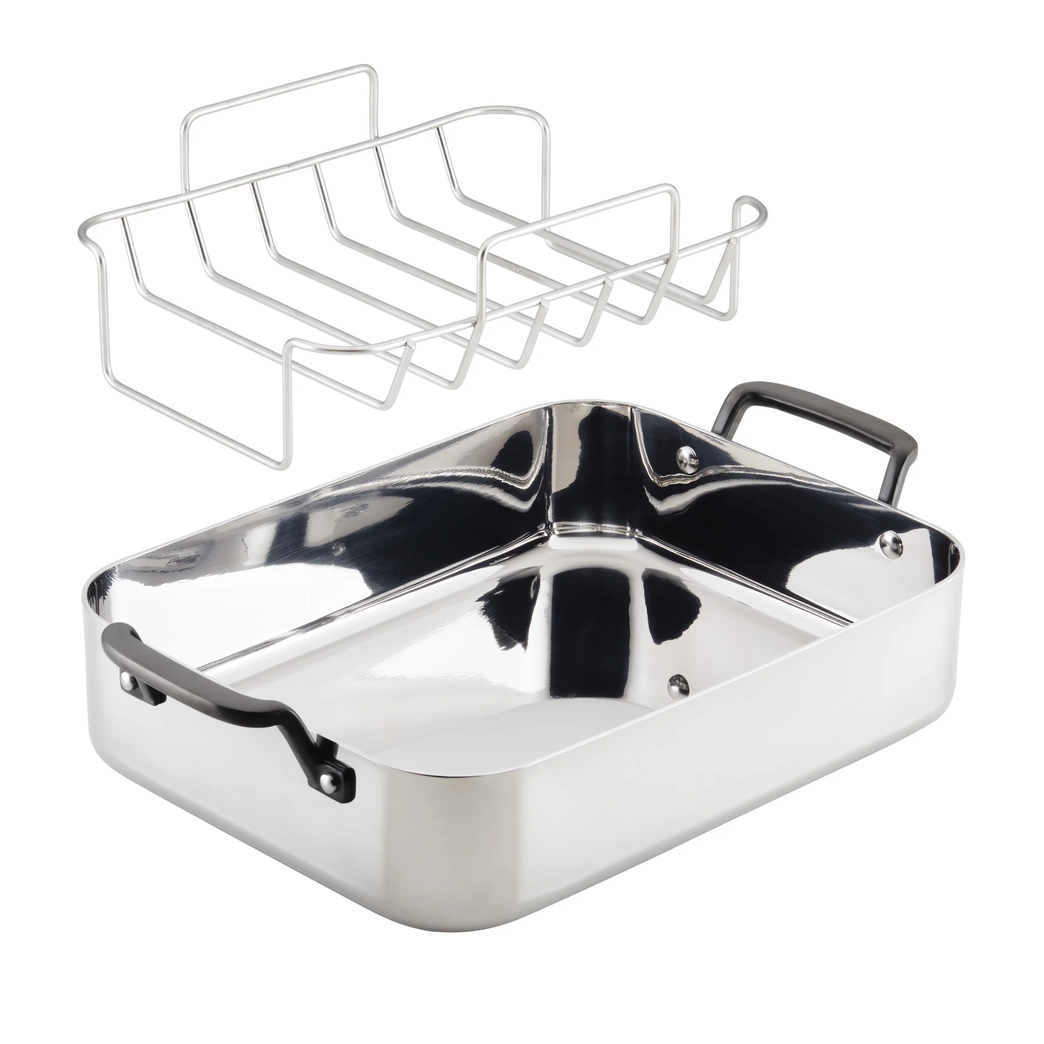 KitchenAid 5-Ply Clad 15x11.5 Inch Stainless Steel Roaster with Removable Rack, Induction Compatible, Metal Utensil, Broiler and Oven Safe to 500-F, Polished Stainless Steel