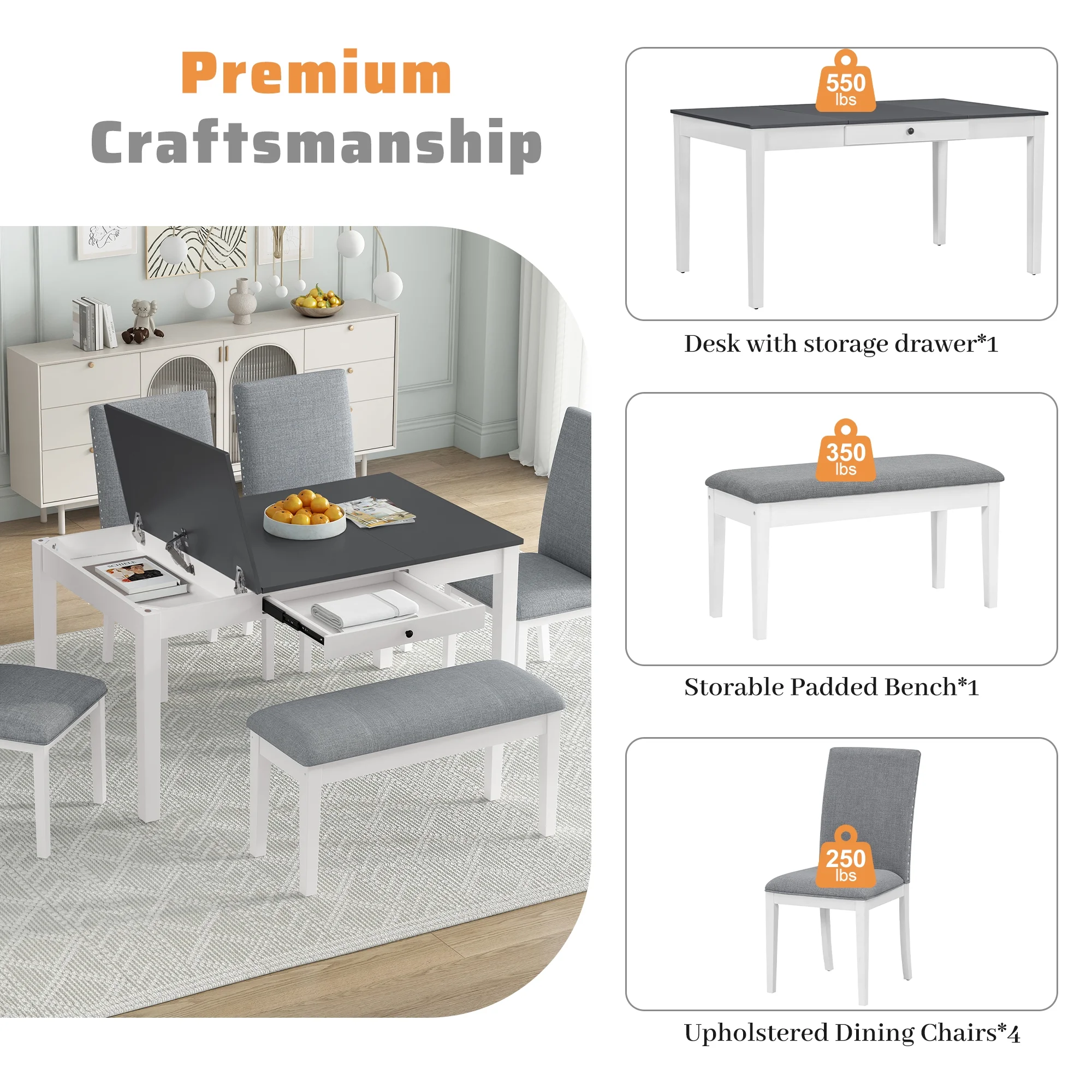 Harper & Bright Designs 6 Pieces Dining Table Set with Bench for 6, Kitchen Table Set with Storage Drawer and 4 Upholstered Dining Chairs, Dark Brown