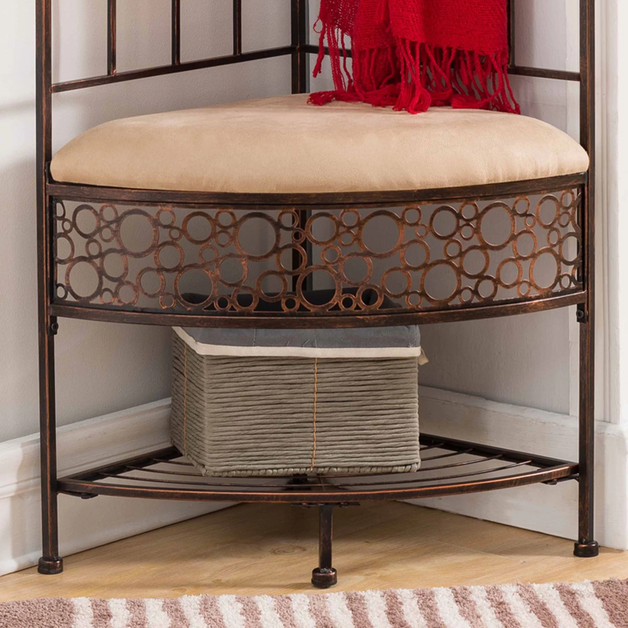Kings Brand Furniture Brushed Copper Metal Corner Entryway Hallway Storage Bench with Coat Rack