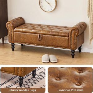 Furniliving Modern Storage Ottoman Bench, Sherpa Ottoman End of Bed Bench with Solid Wood Legs Upholstered Ottoman Benches with Storage Indoor Bench for Living Room with Rolled Arm, Entryway, White