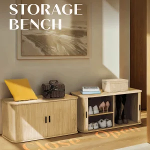 Putuo Decor Fluted Entryway Shoe Storage Bench with Adjustable Shelf, Shoe Rack Bench with Sliding Tambour Door for Living Room, Bedroom, Hallway, Walnut