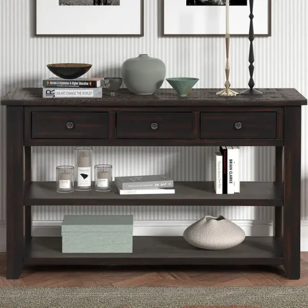 Wood Console Table with 3 Storage Drawers and 2 Shelves