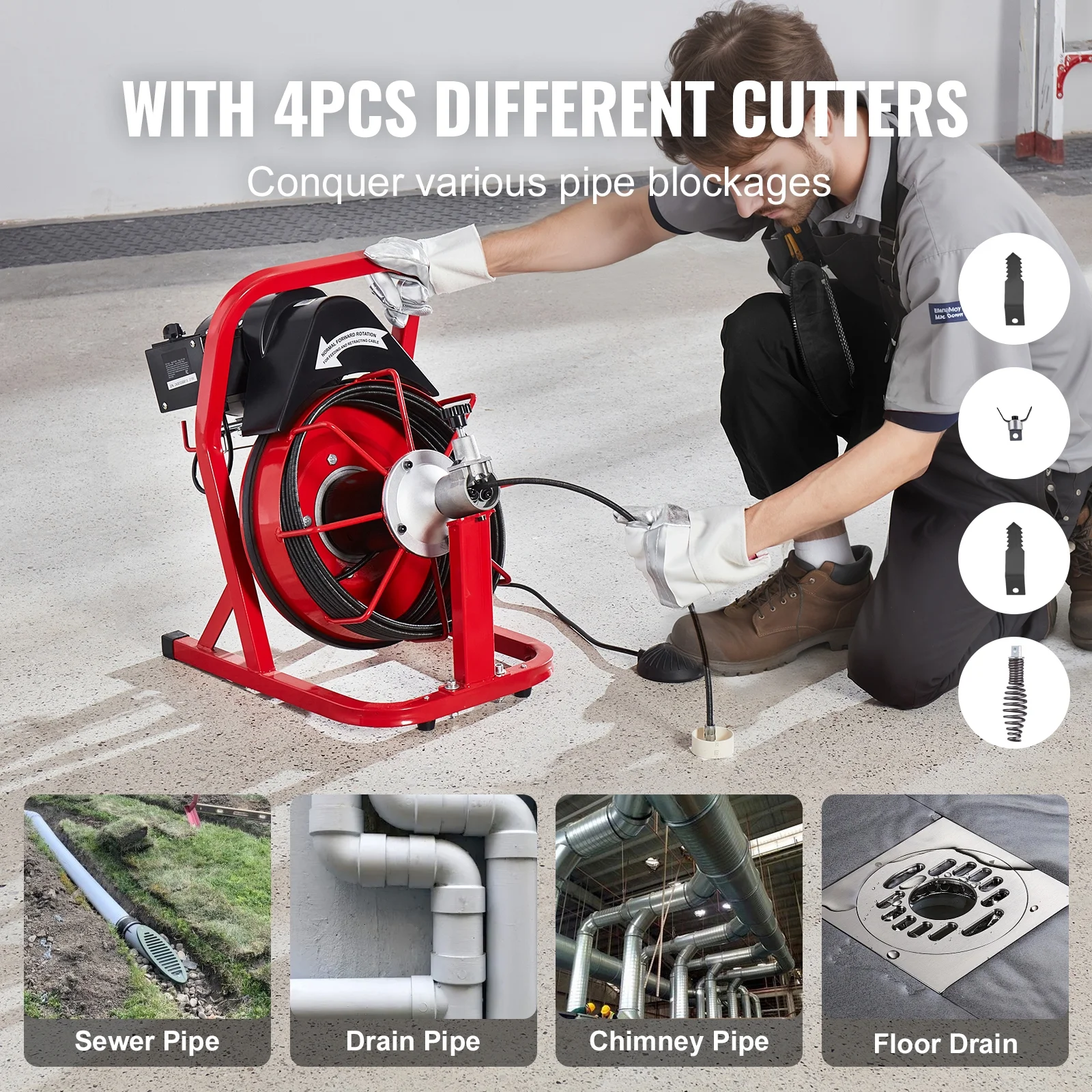 KFFKFF Drain Cleaning Machine, 50FT x 3/8 Inch, 250W Electric Drain Cleaner with Auto Feed, Includes 4 Cutters & Air-activated Foot Switch, Suitable for 2"-4" Pipes