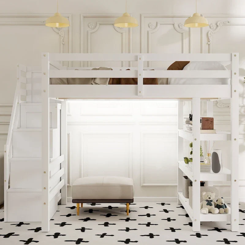 Full/Twin Loft Bed with Storage Stairs - Shelves, Wardrobe & LED Light, Space-Saving Design