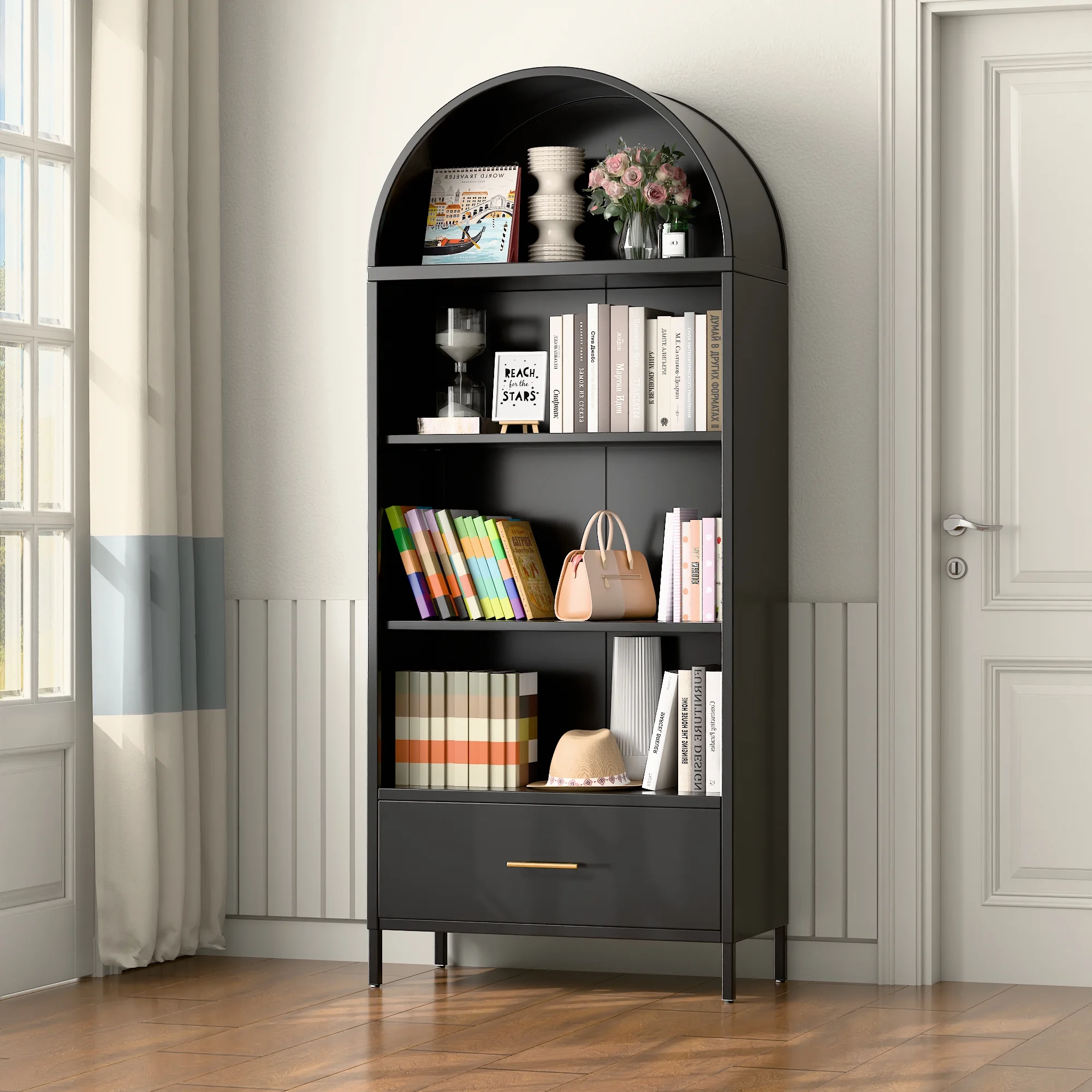 SUXXAN Metal Arched Storage Display Lockable Cabinets with Glass Doors and Adjustable Shelves, Assembly Required, Black