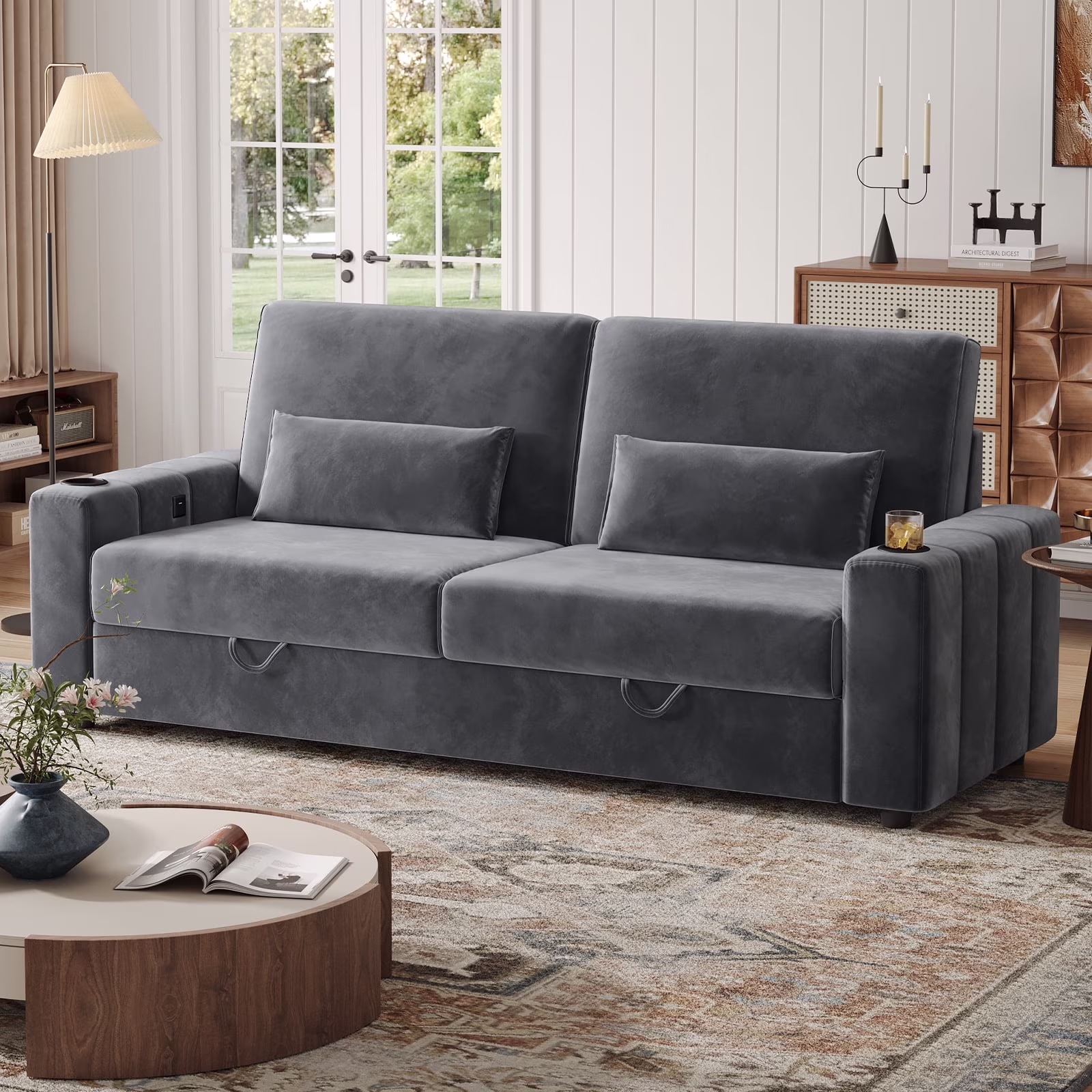 87-Large Loveseat Sofa, 3 Seater Couch with Storage, Velvet Fabric Deep Seat Sofa with Pillow& Cup Holders, Modern Comfy Sofa with USB& Type-C Ports, Home Sofa Couch for Living Room Bedroom