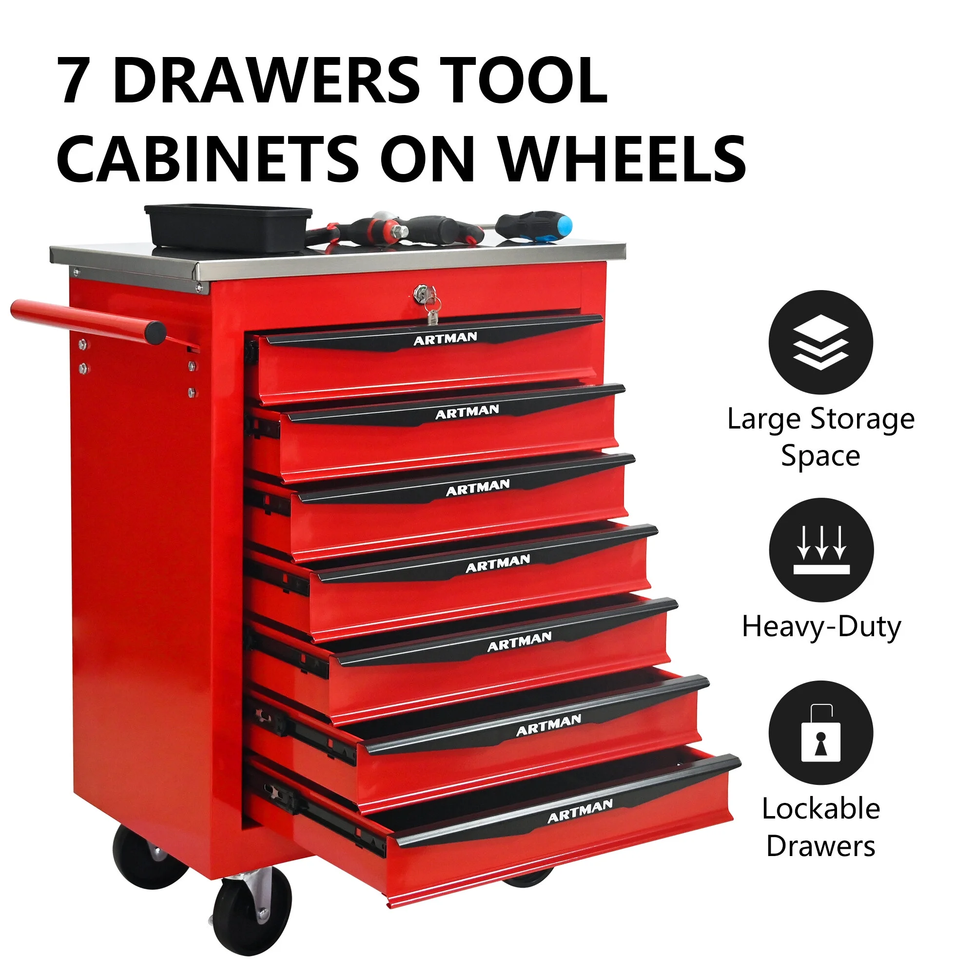 Tool Cabinets 4 Drawers Multifunctional Tool Cart with Wheels,Metal Rolling Tool Cart Storage for Garage Workshop Warehouse Repair Shop--With Stainless Steel Roof- Red&Black,Garage Tool Cabinets