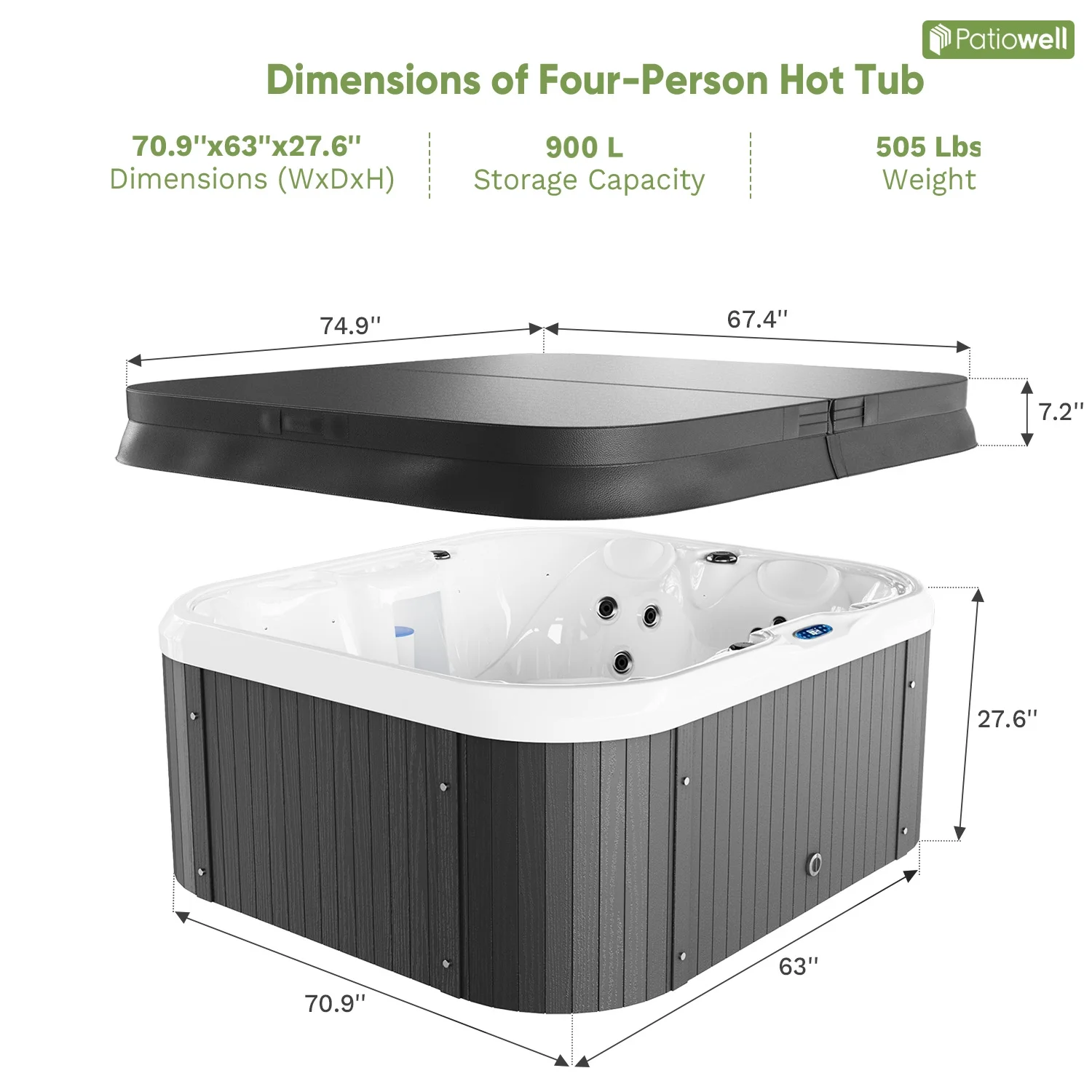 Patiowell 2 Person Home Spa Hot Tub for Outdoor, with 41pcs Massage Jets, LED lighting, Built-In Water Purification System, 900L, Black