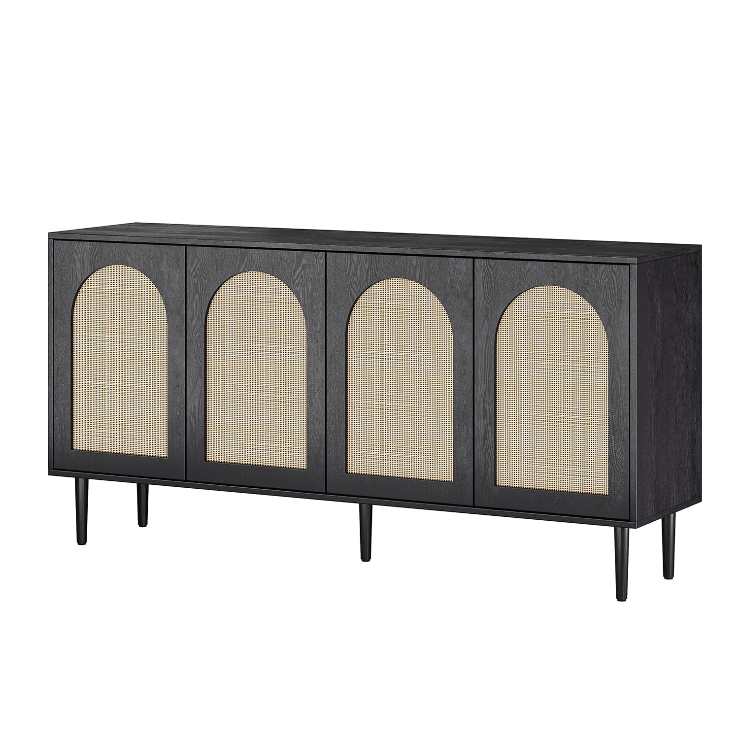 14 Karat Home 63" Wooden Sideboard 4 Doors Kitchen Storage Rattan Cabinet Living Room Adult Black