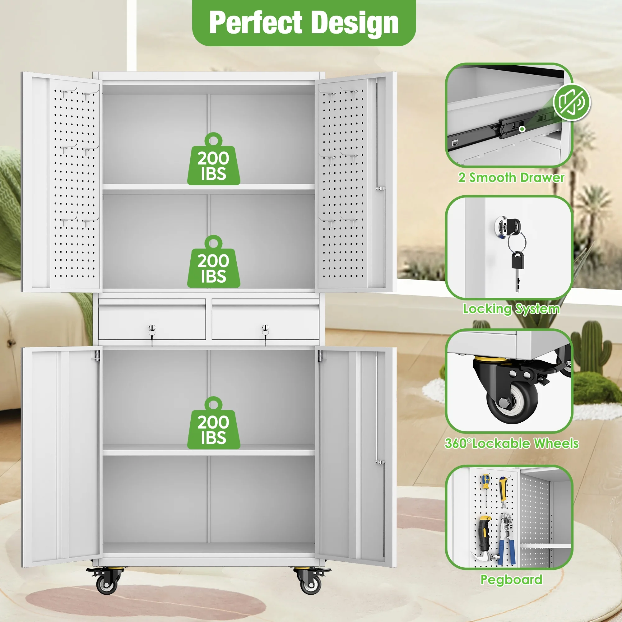 GangMei 71-Inch Metal Lockable Storage Cabinet with Pegboards and 5 adjustable shelves, White, Assembly Required