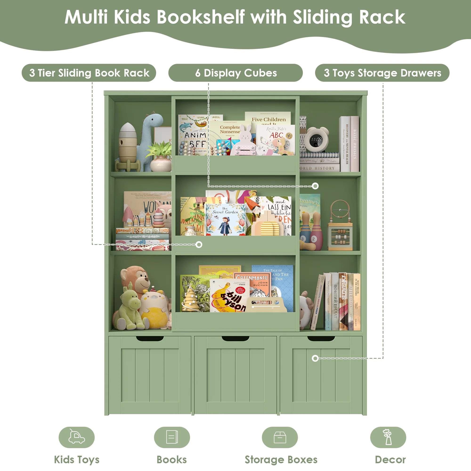 Homfa 6 Cube Toy Storage, Cube Organizer with Sliding Rack, 3 Drawer Kids Bookcase and Bookshelf, White