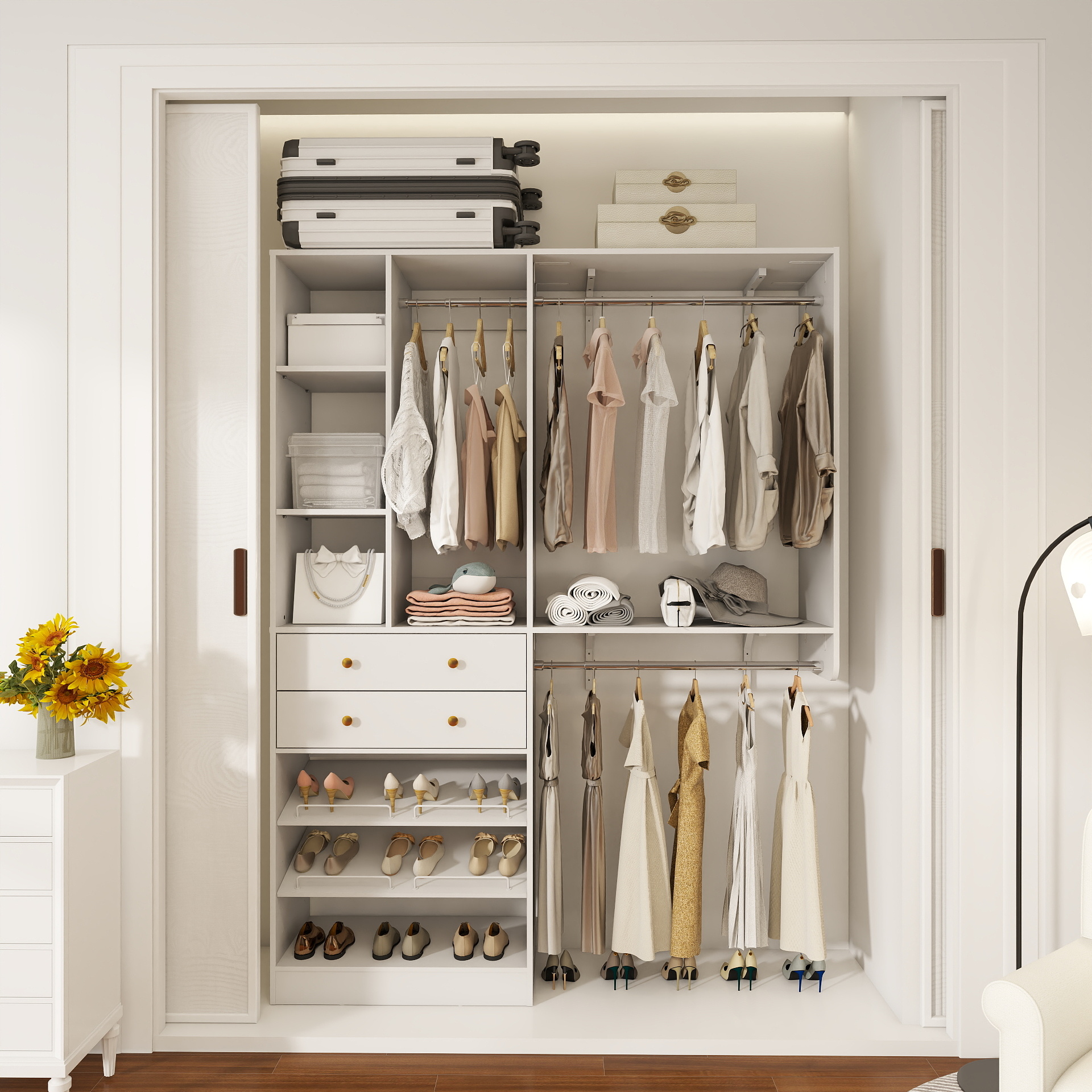 iSunirm 5FT Closet System with Drawers,5FT Closet System with Drawers, 60" Closet Organizer System with 2 Hanging Shelving Perfect Storage Solution for Organizing Your Closet