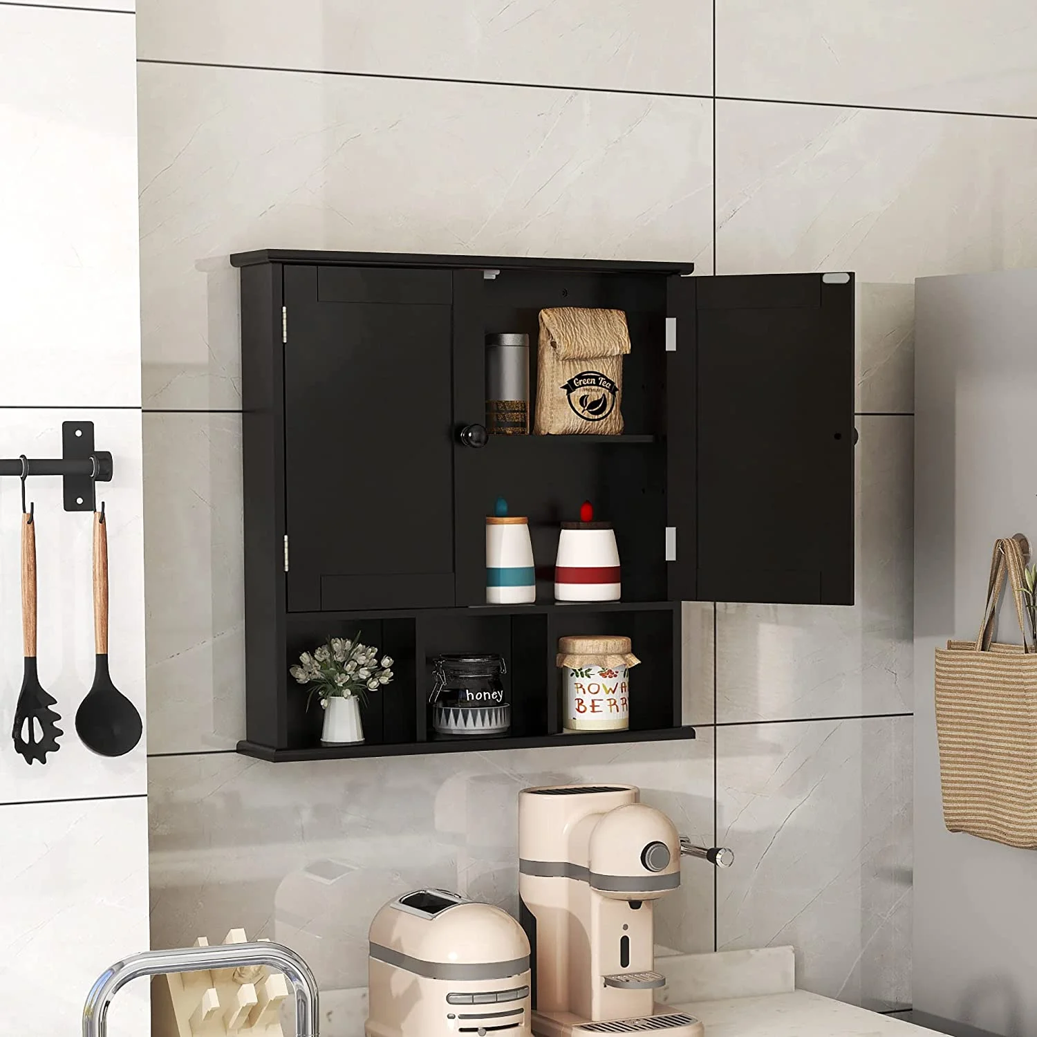Black Bathroom Cabinet, Wall Mounted 2 Door Storage With Adjustable Shelves, Over The Toilet Medicine Cabinet for Laundry Room Kitchen