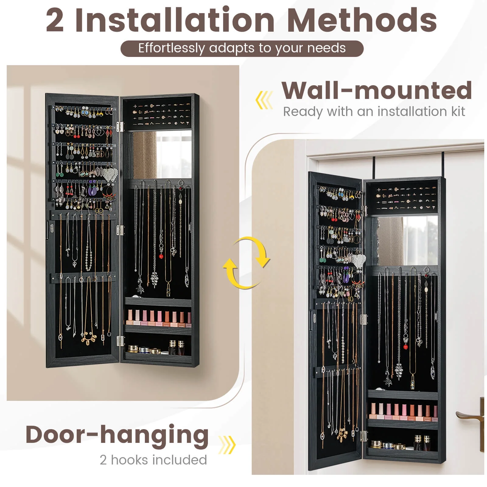 Costway Wall Door Mounted Mirrored Jewelry Cabinet Storage Organizer-Black