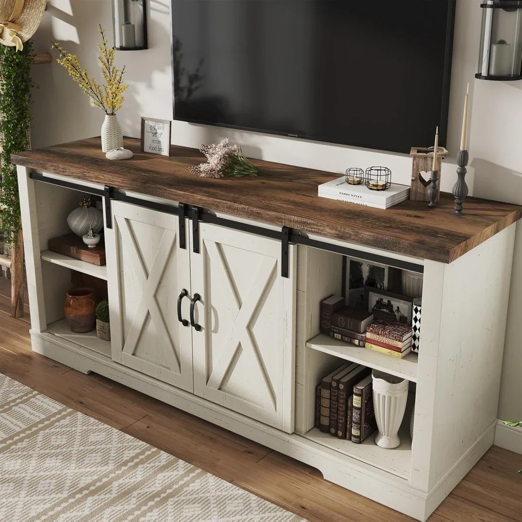 AMERLIFE Fireplace TV Stand with Sliding Barn Door for TVs up to 73", Farmhouse 63" Fireplace Entertainment Center with Storage Cabinets/Adjustable Shelves