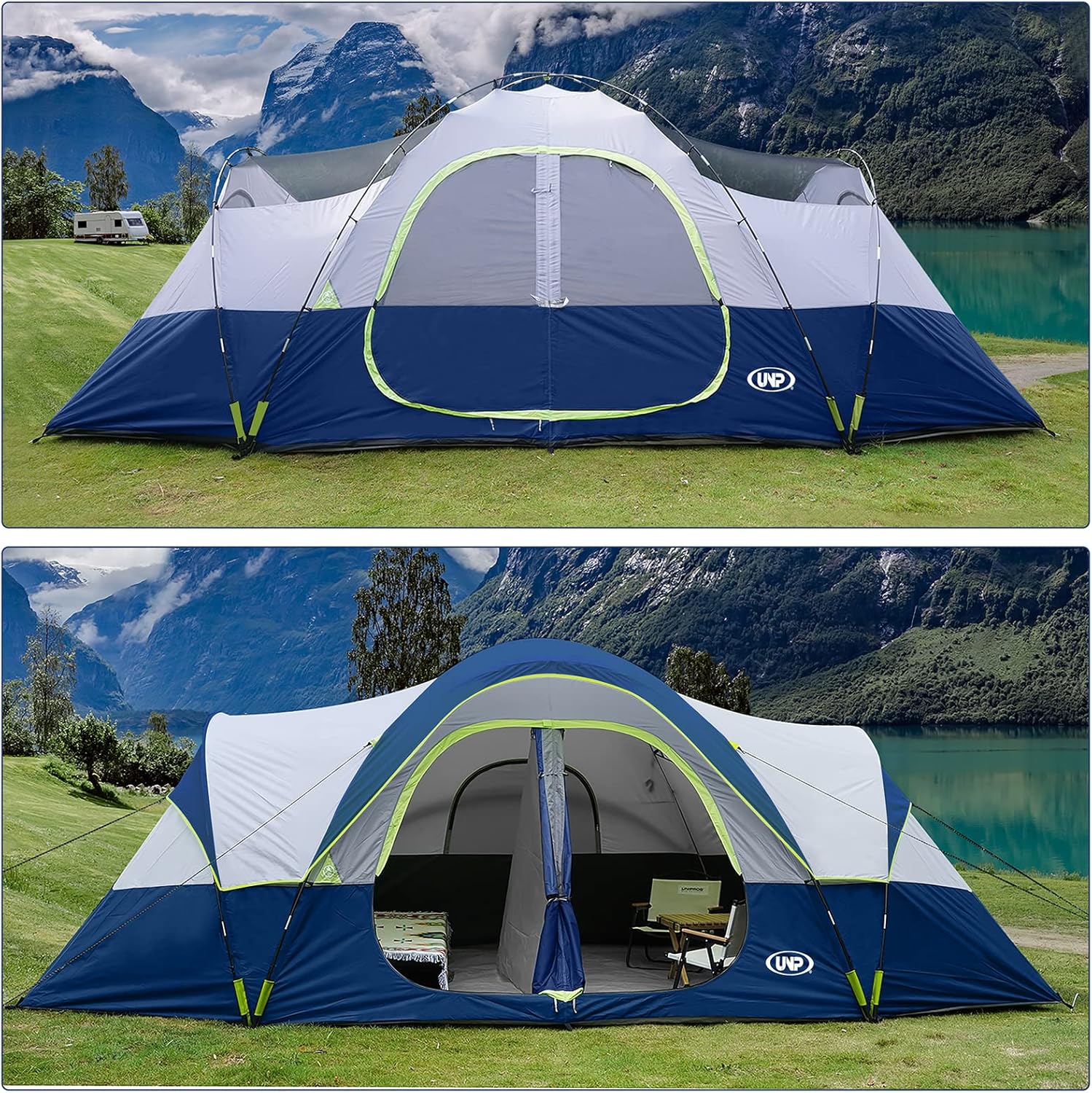 UNP Camping Tent 10-Person-Family Tents, Parties, Music Festival Tent, Big, Easy Up, 5 Large Mesh Windows, Double Layer, 2 Room, Waterproof, Weather Resistant, 18ft x 9ft x78in