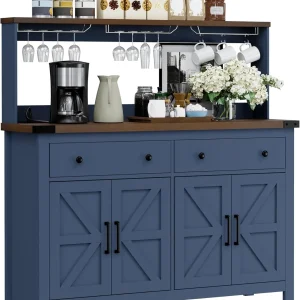 Frmobepts Farmhouse Coffee Bar Cabinet, 60" Tall Bar Cabinet with Drawers & Power Outlet, Sideboard Buffet Cabinet with Storage Barn Door for Kitchen, Dining Room