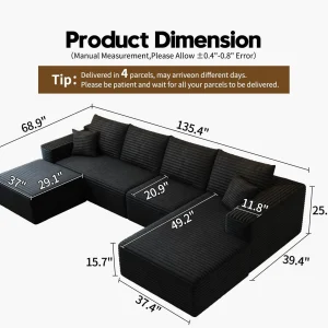 107.5" Cloud Modular Sectional Sofa Couch with L-Shape Chaise,Modern Minimalist Upholstered Couches for Living Room Bedroom,Deep Seat Corner Couch .No Assembly Required (Black,Left Facing Chaise)