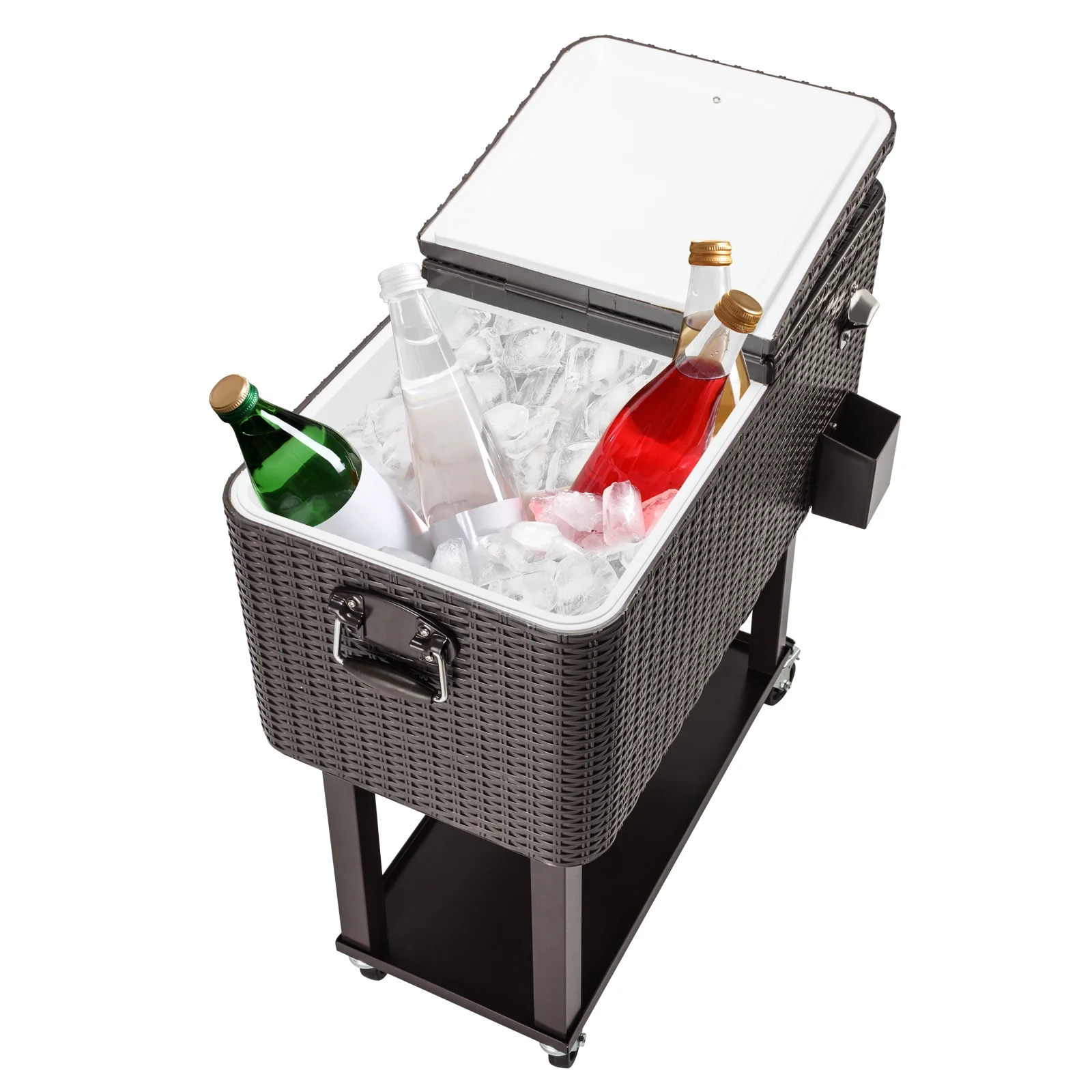 80QT Rattan Cooler with Shelf & Wheels - Insulated Outdoor Beverage Ice Chest for Parties, Patios, & Events - Durable Woven Design, Stainless Steel Accents, Keeps Cool 48 Hrs