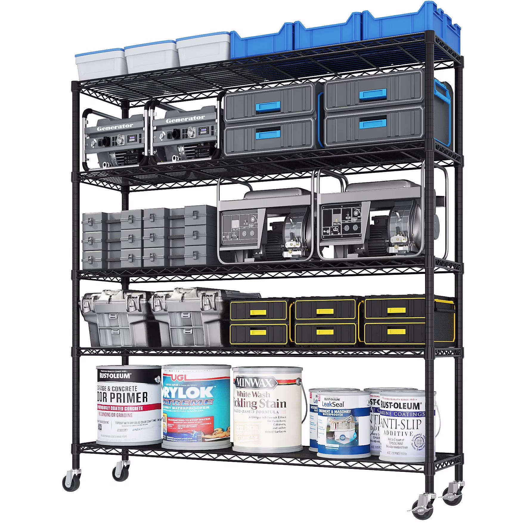 Ktaxon 4 Tier Wire Shelving with Wheels, 46"W x 17.7"D x 65"H Multifunctional Storage Rack Metal Garage Shelves Organizer, Capacity for 800lbs, Black