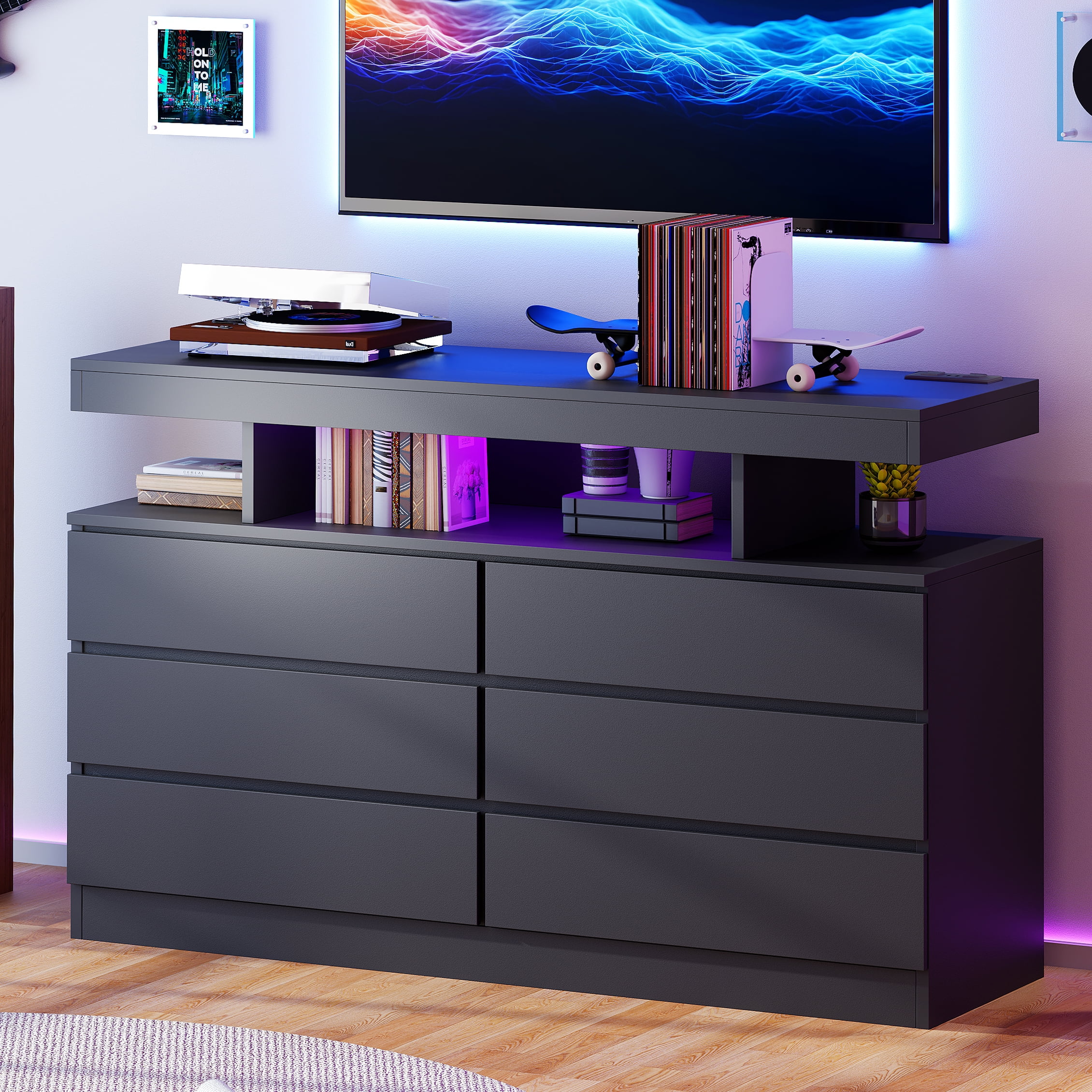 BEWISHOME Black 6-Drawer Dresser with LED Lights & Charging Station -C Modern Wood Storage Cabinet with Open Shelge Cabinet with Open Shelf, USB Ports & Outlets -C 47.24" Bedroom & Living Room TV Stand