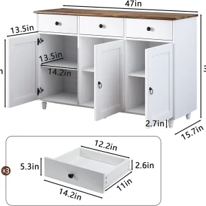 Catrimown Sideboard Buffet Cabinet, Mid-Century Kitchen Storage Cabinet with 3 Drawers & 3 Doors, Coffee Bar Cabinet with 3 Adjustable Shelves, White