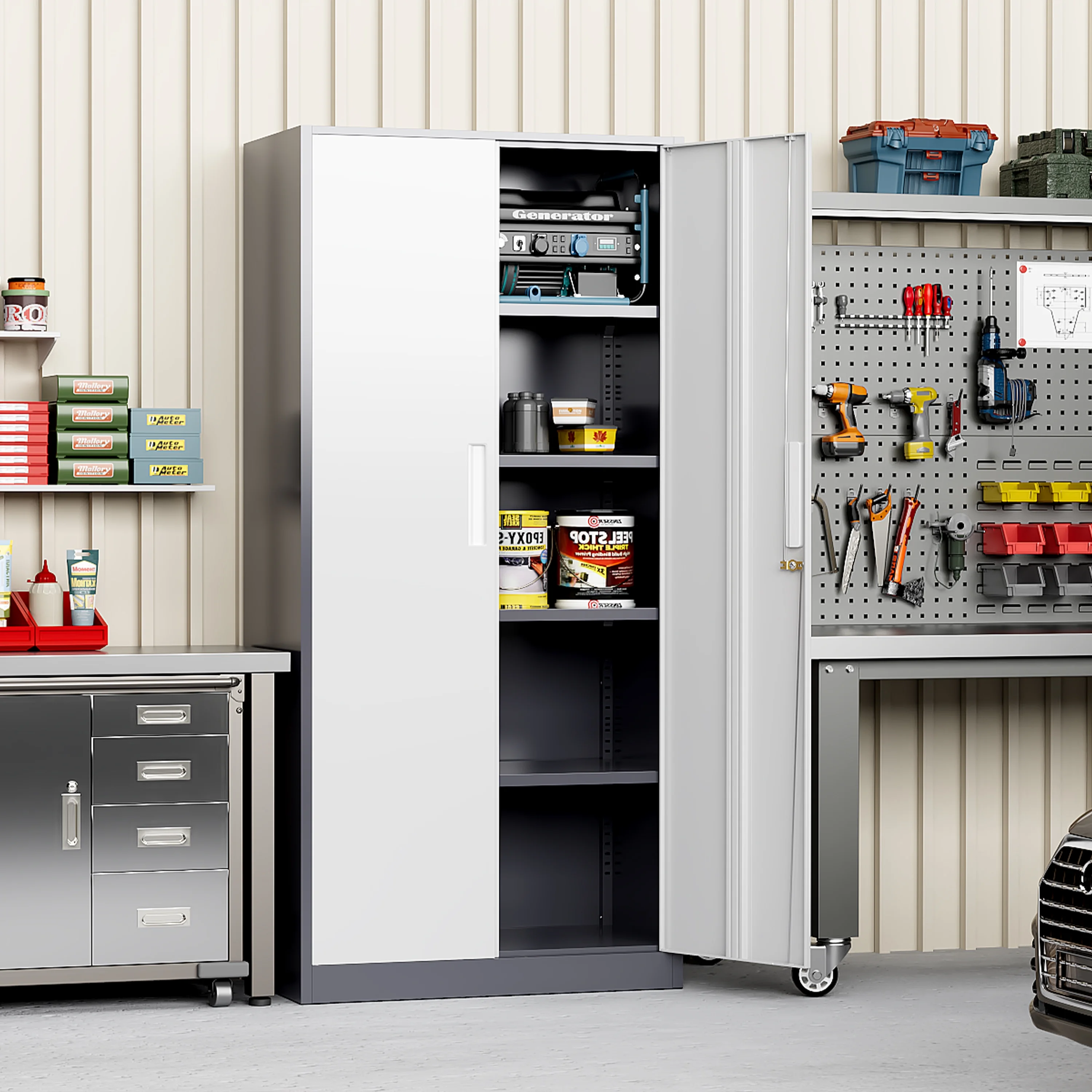 SUNCROWN 71 In Metal Storage Garage Cabinets with Locking Doors and Adjustable Shelves, Steel Storage Cabinet for Garage, Office, Classroom, Assemble Required(Black)