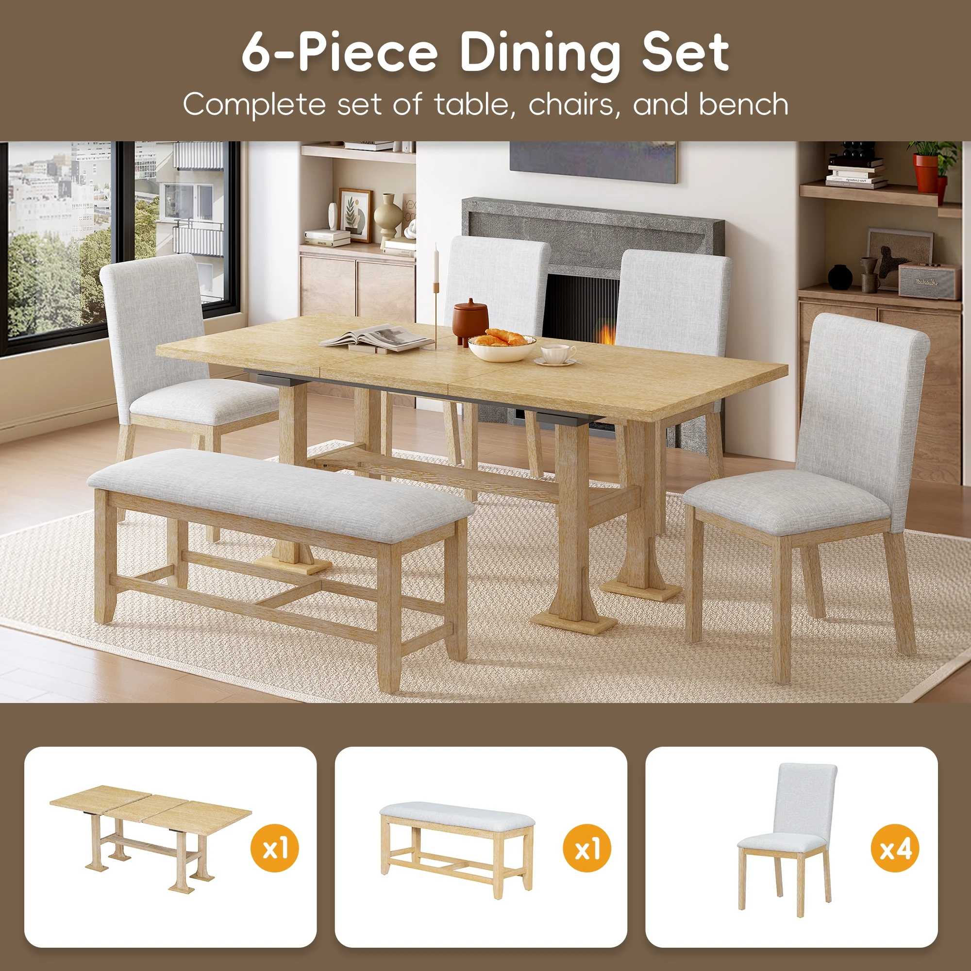 Harper & Bright Designs 6 Pieces Dining Table Set with Bench for 6, Kitchen Table Set with Storage Drawer and 4 Upholstered Dining Chairs, Dark Brown