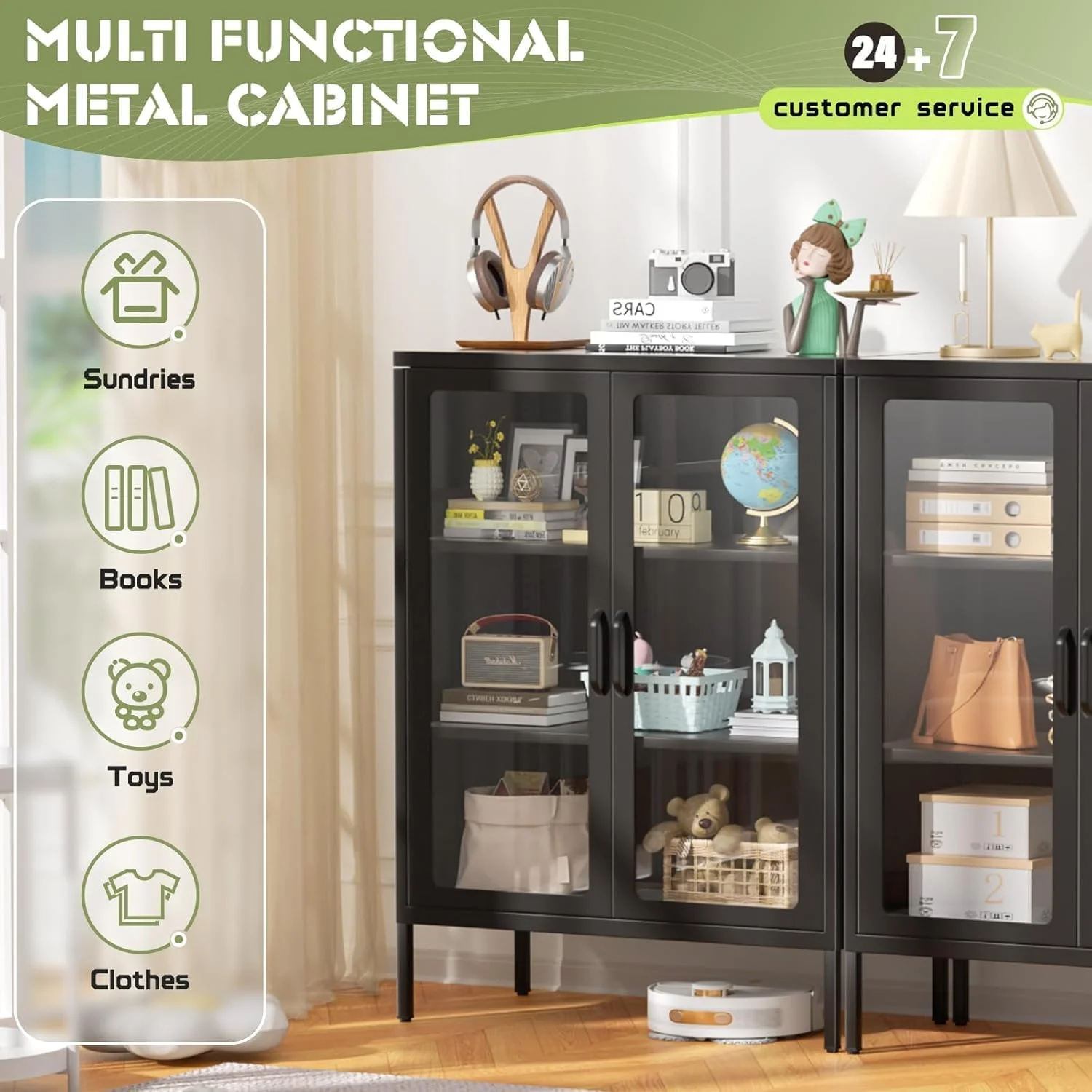 SUNCROWN Metal Storage Cabinet, Curio Display Cabinet with 2 Glass Display Door and 4 Shelves, Side Storage Organize, Modern Bookshelf Cabinet for livingroom, Bedroom, Kitchen, Black