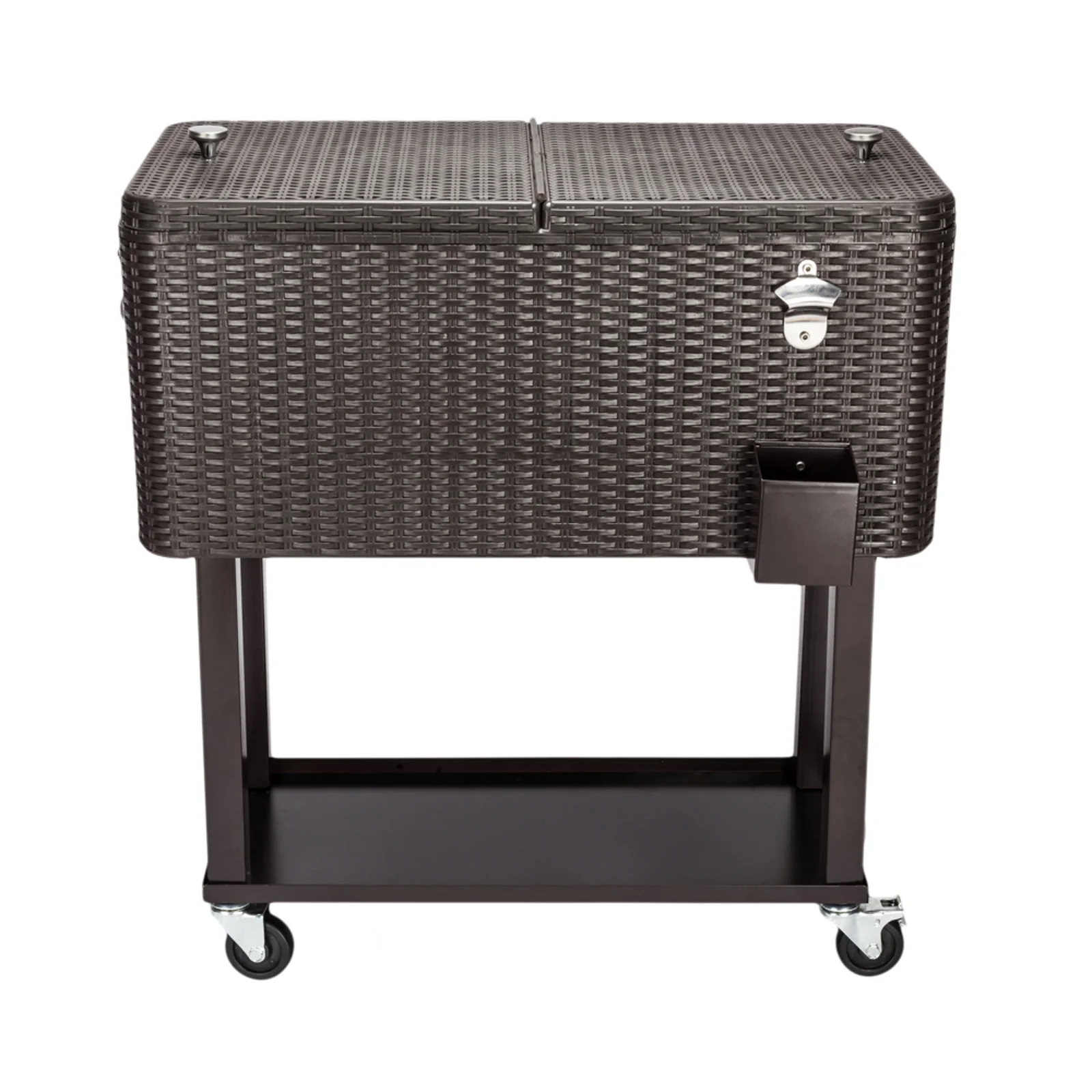 80QT Rattan Cooler with Shelf & Wheels - Insulated Outdoor Beverage Ice Chest for Parties, Patios, & Events - Durable Woven Design, Stainless Steel Accents, Keeps Cool 48 Hrs
