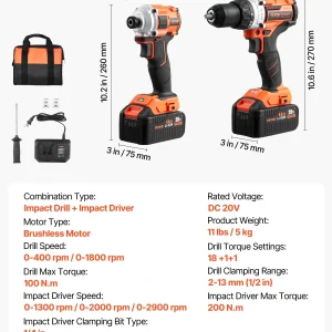 VEVOR Tool Combo Kit, 20V Max Cordless 2-Tool Combo Kit, with 1/2 in Impact Drill, 1/4 in Impact Driver, Compact Cordless Power Tool Combo Kit with 4.0 Ah Batteries