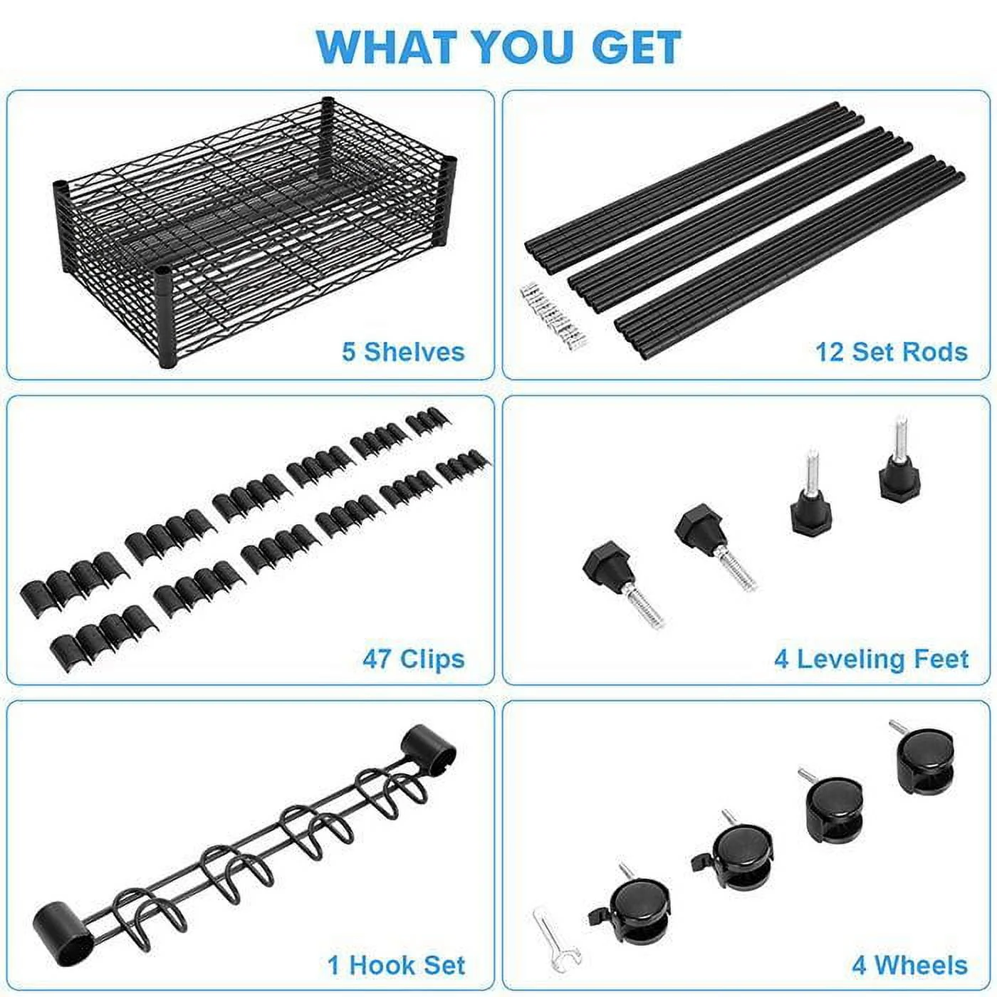 5-Tier 600 lbs Carrying Capacity Wire Shelf 72" Steel Shelf Tier Height Adjustable Metal Racks with 4 Wheels & 4 Hooks for Garage Kitchen Storage Organizer Shelving Unit
