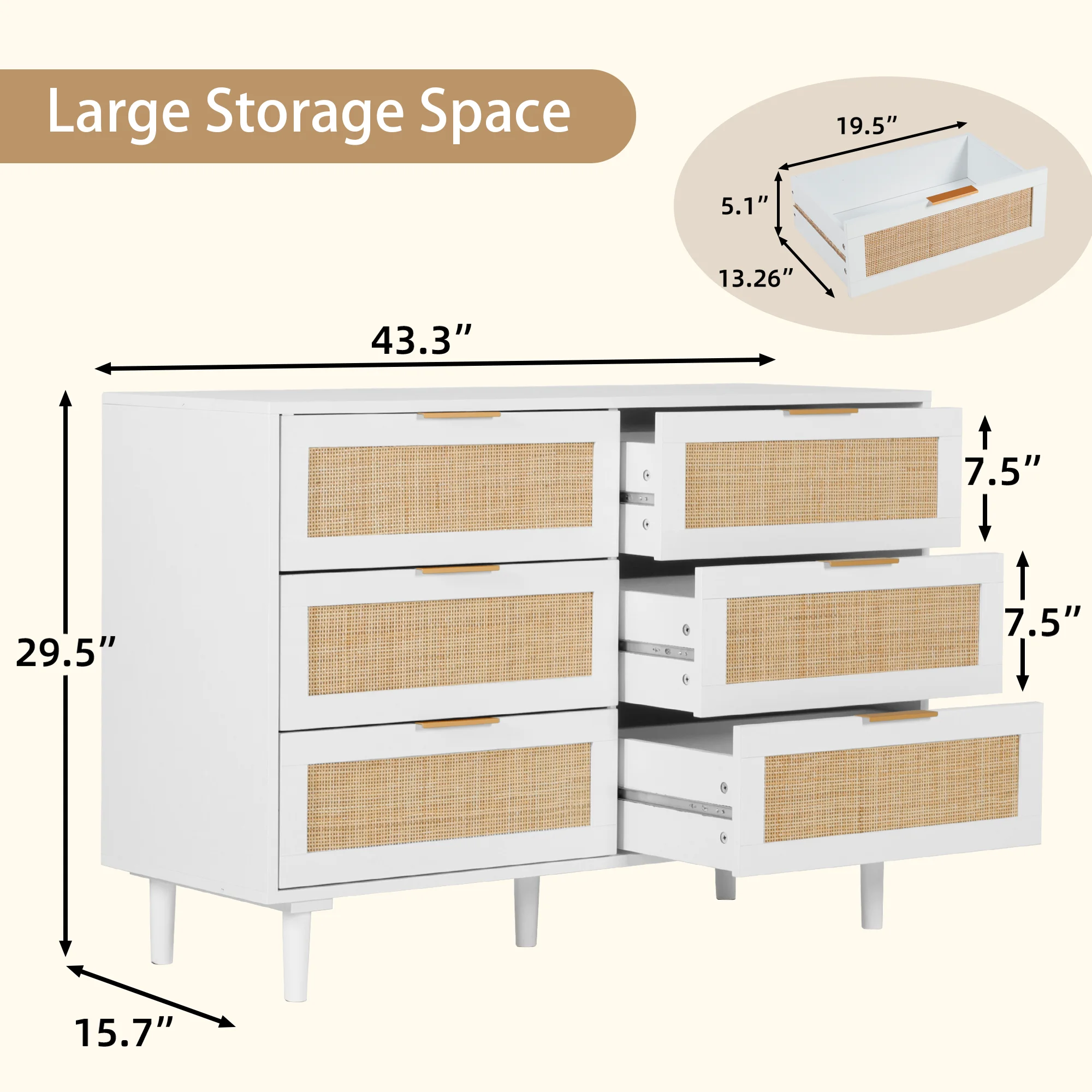 LAZZO 3 Modern Drawer Dresser Rattan, Wooden Dresser Chest of Large Storage Cabinet