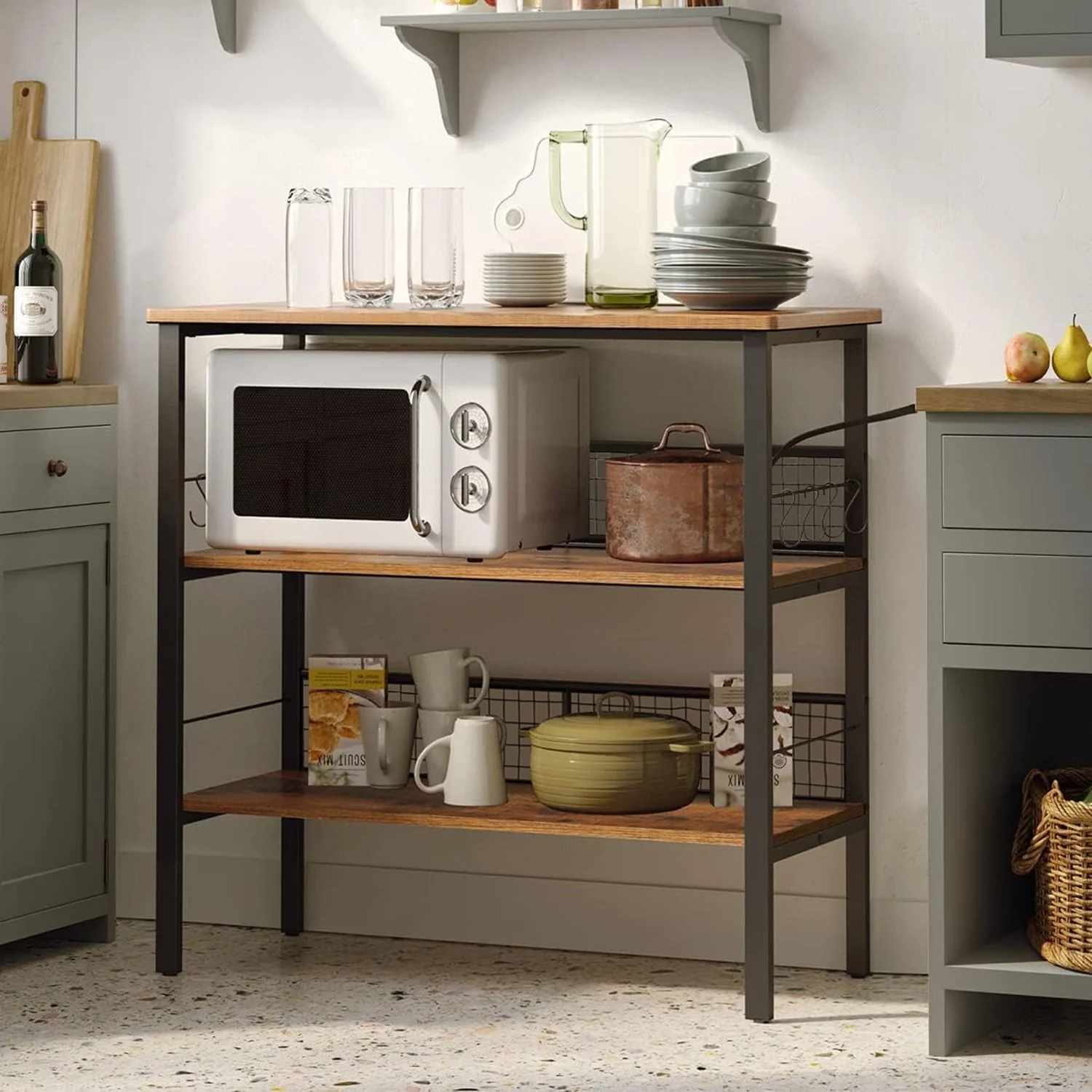 Cheflaud Rolling Kitchen Storage Cart Island with large open shelves and Large Worktop, 3-Tier Kitchen Baker’s Rack with 10 Hooks, Stable Steel Structure and Easy Assembly, Rustic Brown