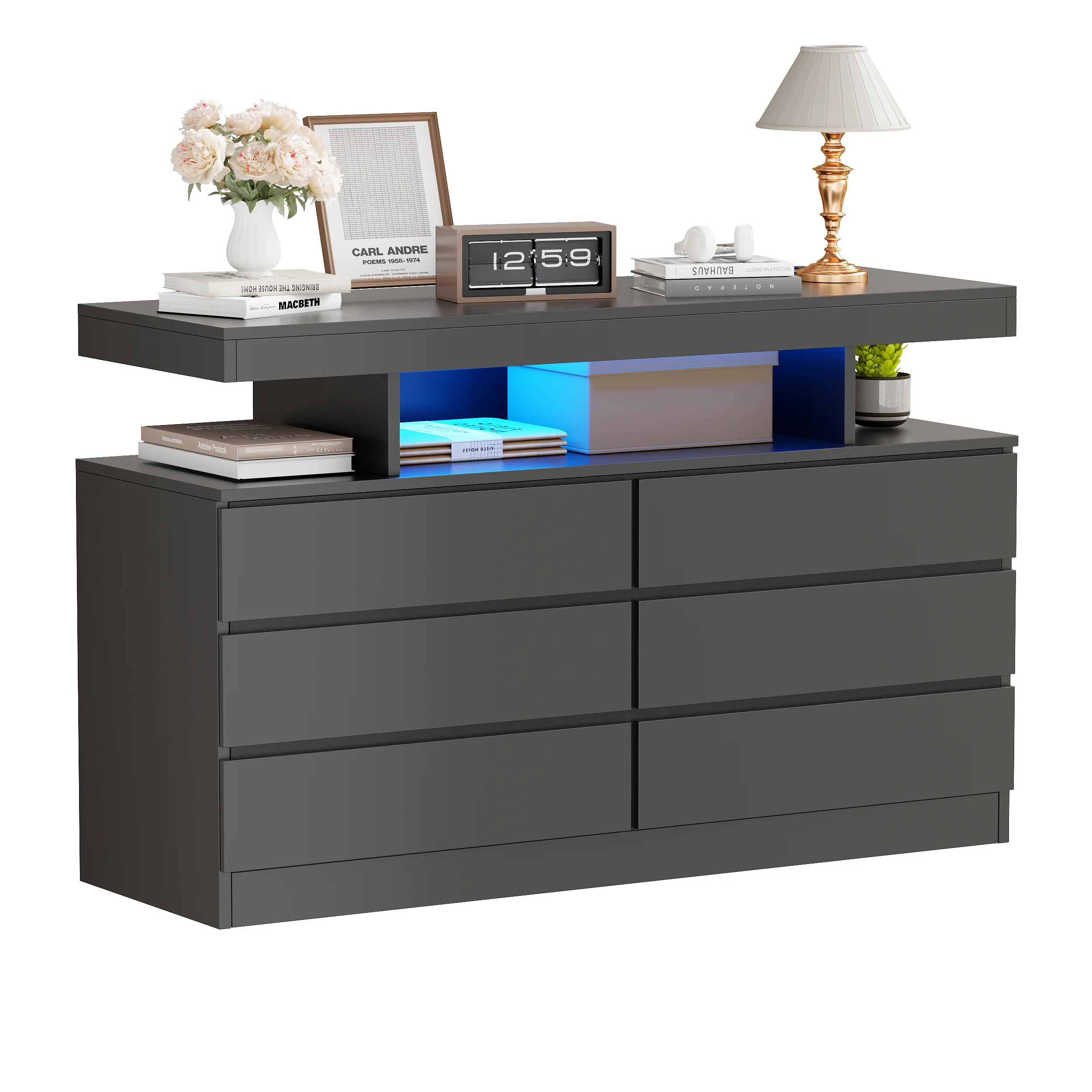 BEWISHOME Black 6-Drawer Dresser with LED Lights & Charging Station -C Modern Wood Storage Cabinet with Open Shelge Cabinet with Open Shelf, USB Ports & Outlets -C 47.24" Bedroom & Living Room TV Stand