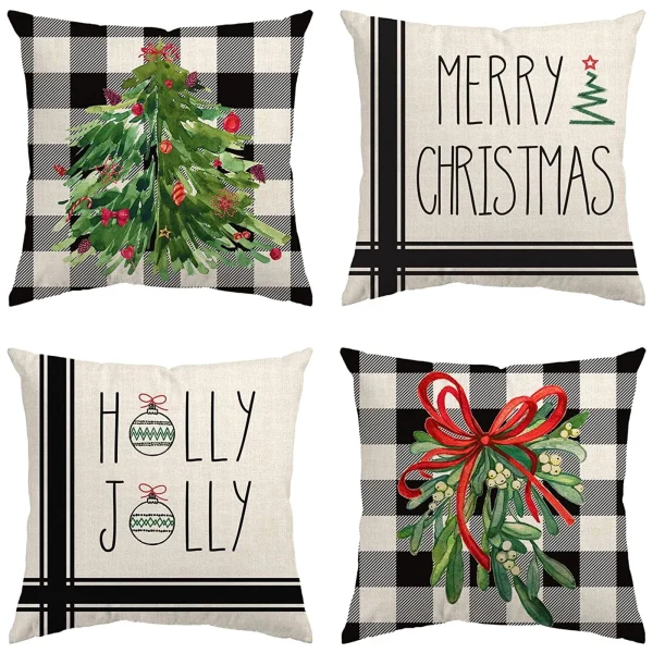 Husfou 4pcs Christmas Pillow Covers, 18x18 inch Linen Buffalo Plaid Merry Christmas Throw Pillowcase for Couch Xmas Winter Holiday Home Decorations