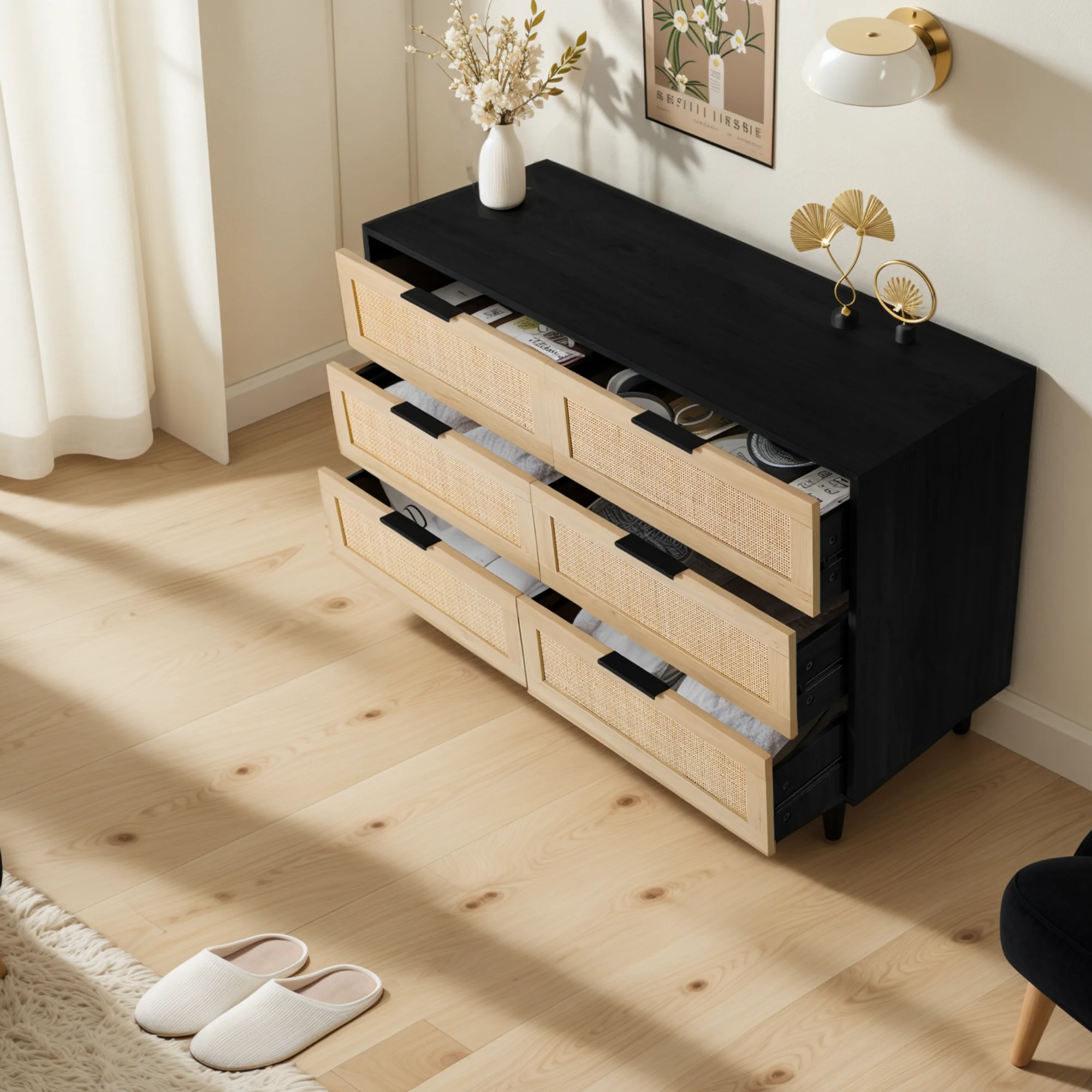 LAZZO 3 Modern Drawer Dresser Rattan, Wooden Dresser Chest of Large Storage Cabinet