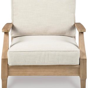 Signature Design by Ashley Clare View Coastal Outdoor Patio Eucalyptus Sofa with Cushions, Beige