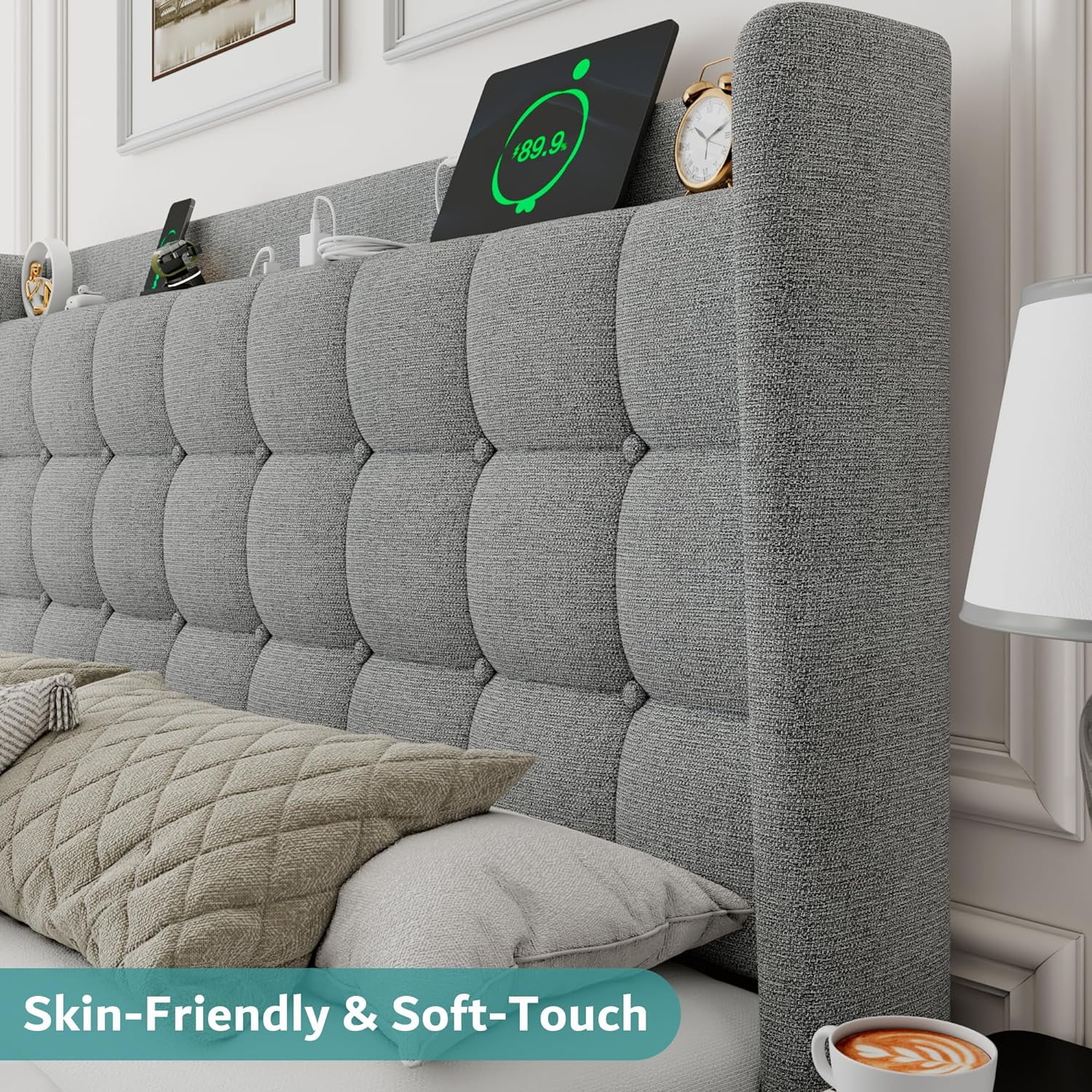ipormis Full Size Bed Frame with Charging Station-Upholstered Platform Bed Frame with Wingback Storage Headboard, No Box Spring Needed,Light Grey