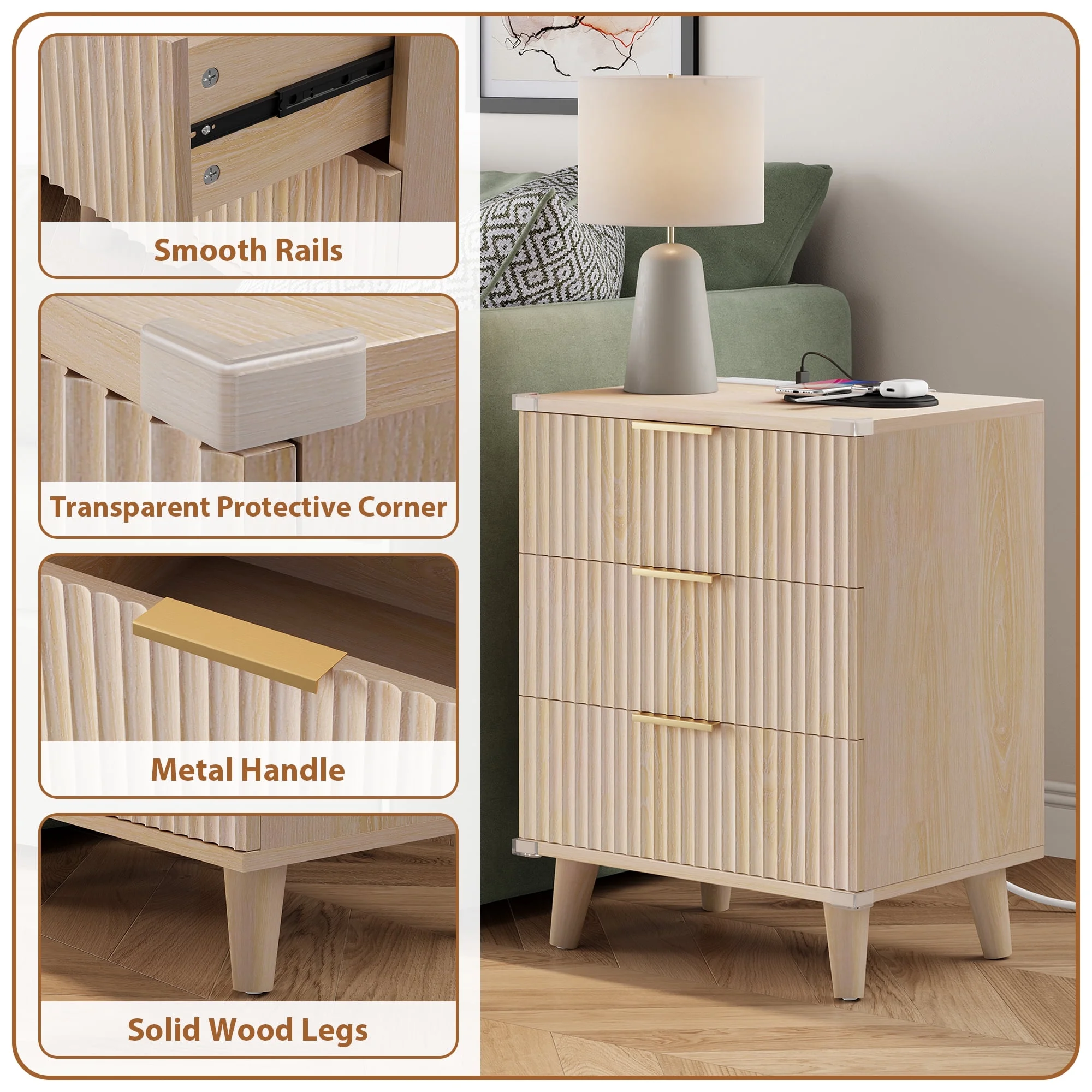 Laintene 3-Piece Boho Bedroom Set - 6-Drawer Dresser & 2 Nightstands with 3 Drawers & USB Charging, Fluted Wooden Storage, Modern Dresser & Nightstand Combo, Natural