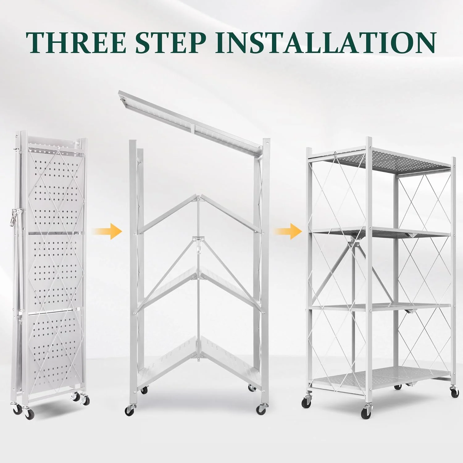 Foldable 4-Tier Storage Shelves with Wheels, No Assembly Bookshelf, Heavy Duty Kitchen Racks and Shelves, Rolling Microwave Cart, Black