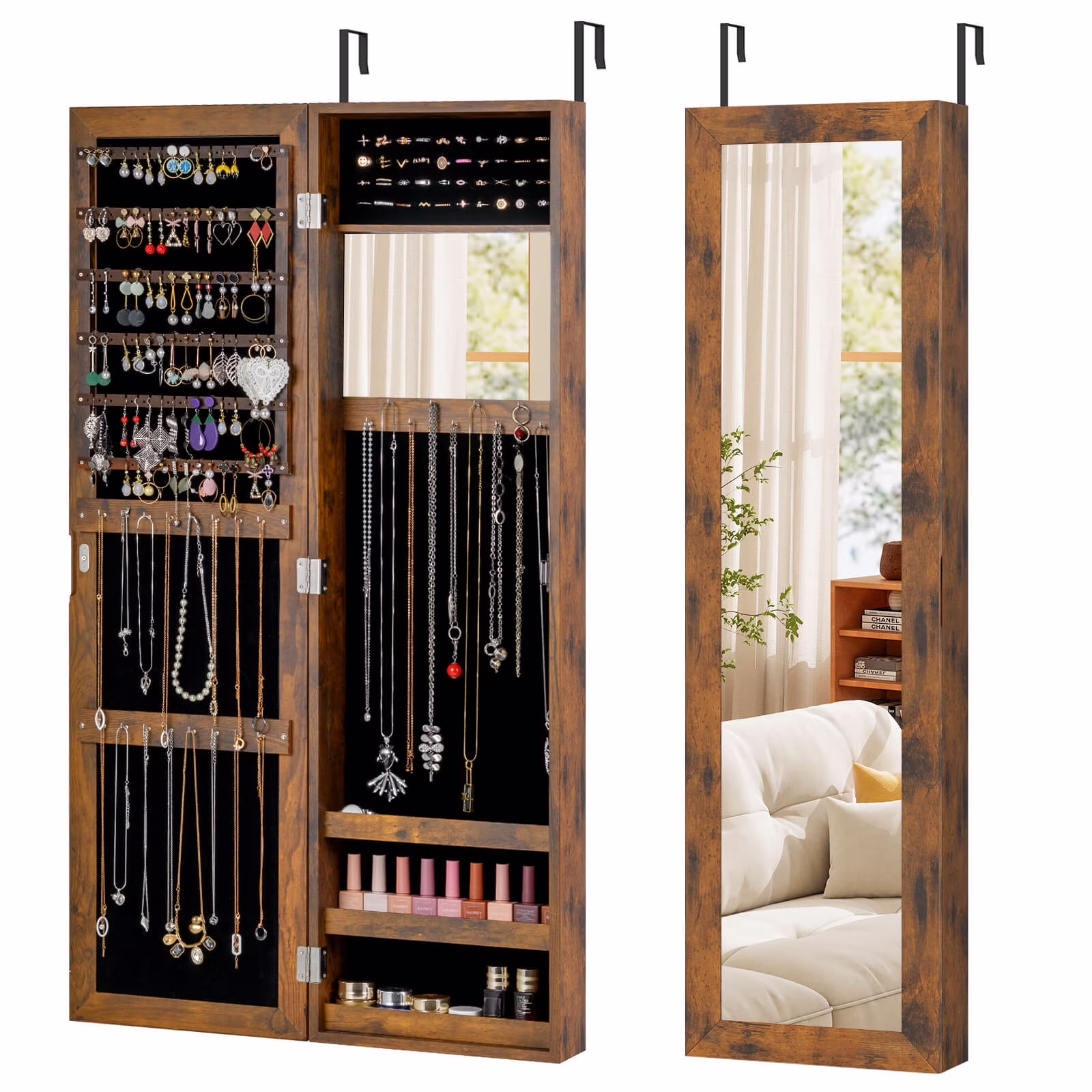 Costway Wall Door Mounted Mirrored Jewelry Cabinet Storage Organizer-Black
