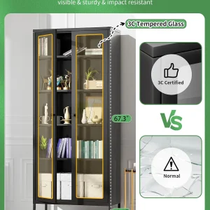 SUNCROWN Metal Storage Cabinet, Curio Display Cabinet with 2 Glass Display Door and 4 Shelves, Side Storage Organize, Modern Bookshelf Cabinet for livingroom, Bedroom, Kitchen, Black