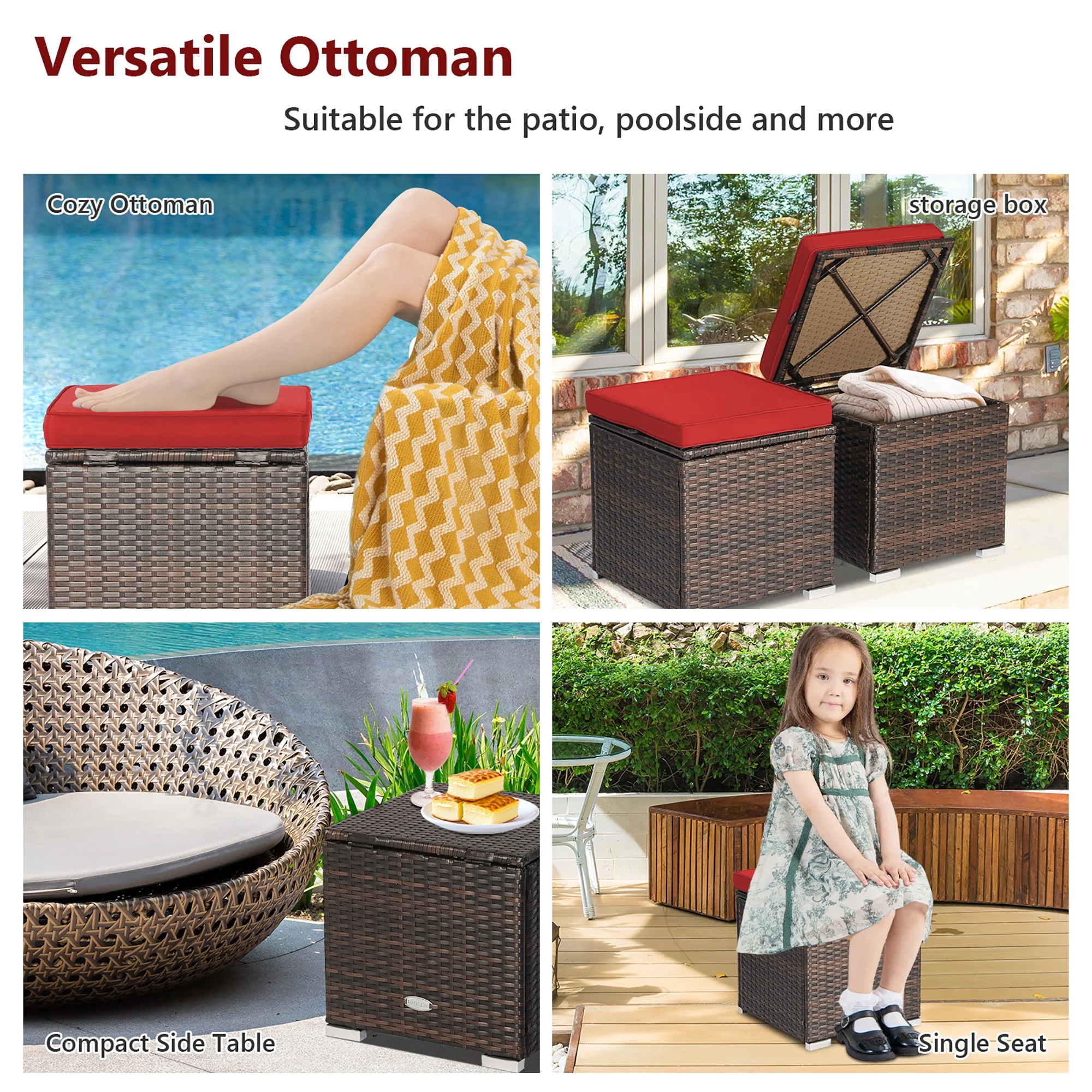 Costway 2PC Patio Rattan Ottoman Seat Side Table Storage Box Footrest Off White