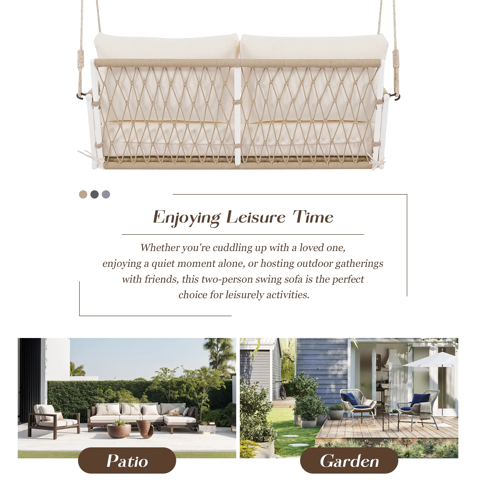 Harper & Bright Designs PE Ratten Porch Swing Chair, 2-Seater Hanging Swing Bench with Chains, All Weather Design Patio Furniture Swing for Backyard Garden Poolside, Grey and White