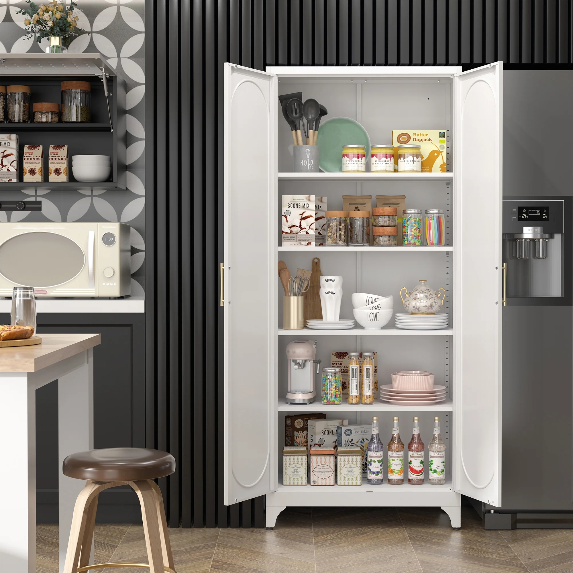 Polup White 75" H Modern Kitchen Storage Cabinet with Doors and Adjustable Shelves