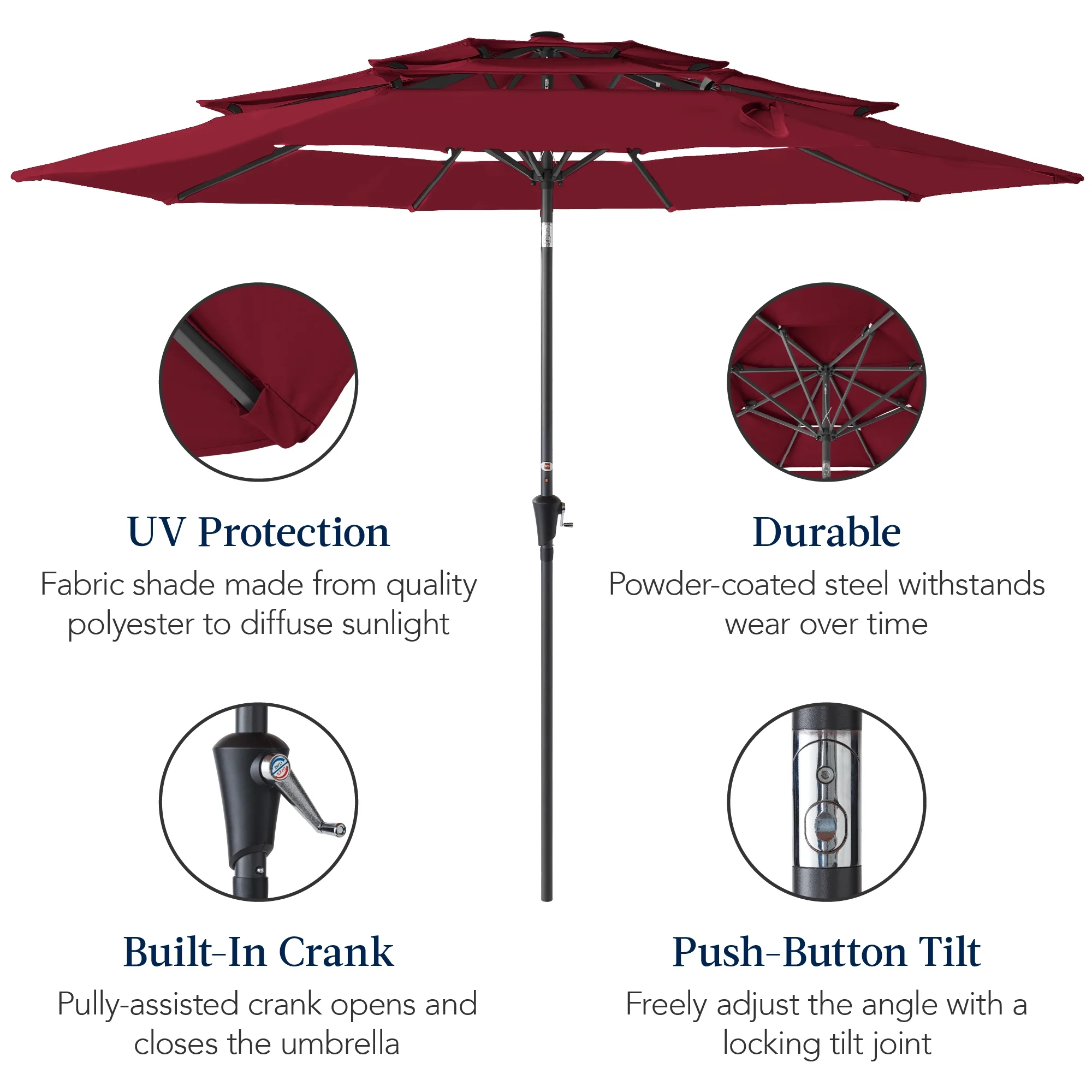 Best Choice Products 10ft 3-Tier Patio Umbrella, Market Sun Shade w/ Tilt Adjustment, Easy Crank - Red