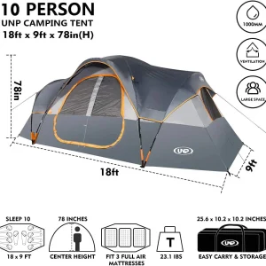 UNP Camping Tent 10-Person-Family Tents, Parties, Music Festival Tent, Big, Easy Up, 5 Large Mesh Windows, Double Layer, 2 Room, Waterproof, Weather Resistant, 18ft x 9ft x78in