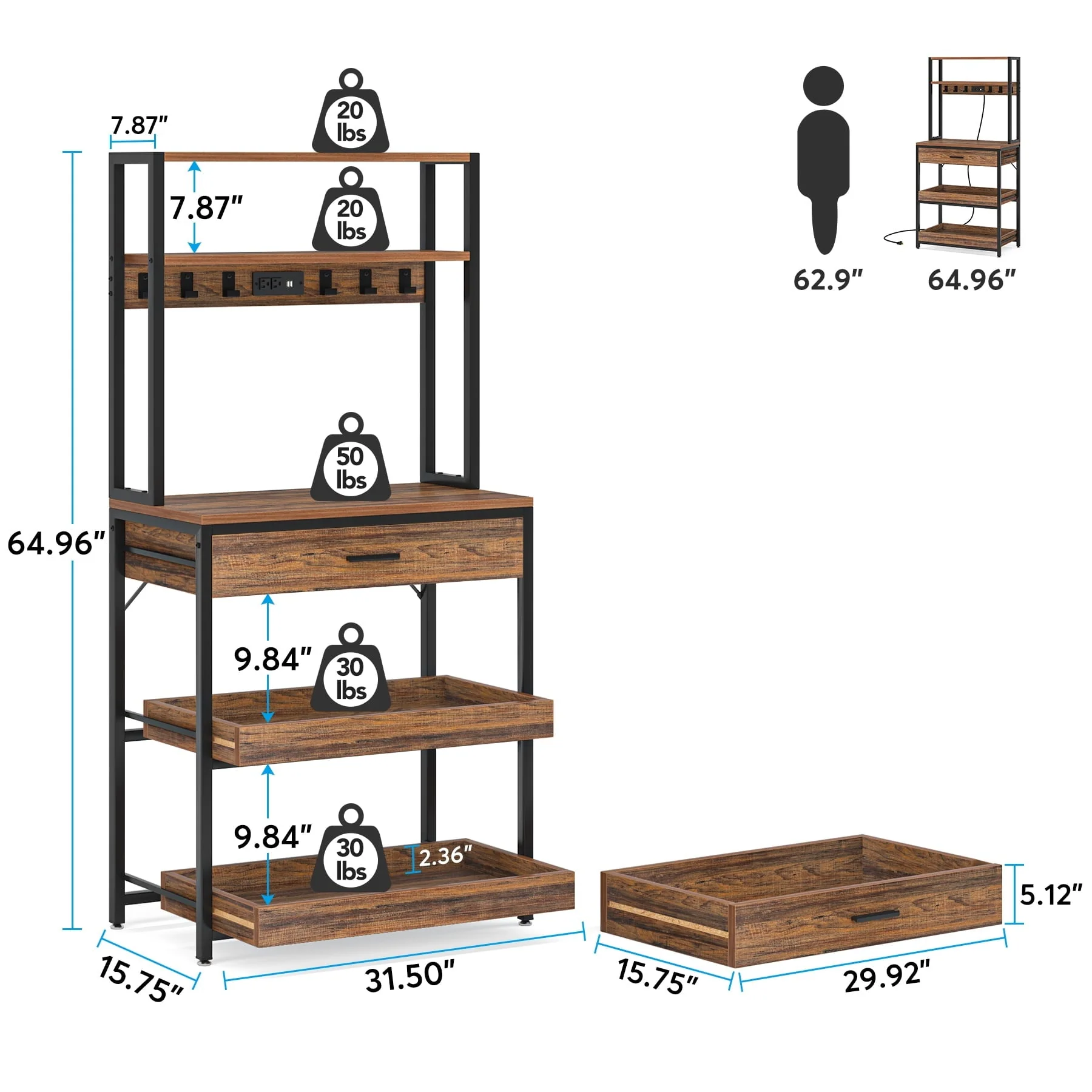Tribesigns Kitchen Bakers Rack with Power Outlets, 5-Tier Microwave Oven Stand with Drawer and Sliding Shelves, Freestanding Kitchen Storage Shelf Organizer with 6 Hooks, Rustic Brown